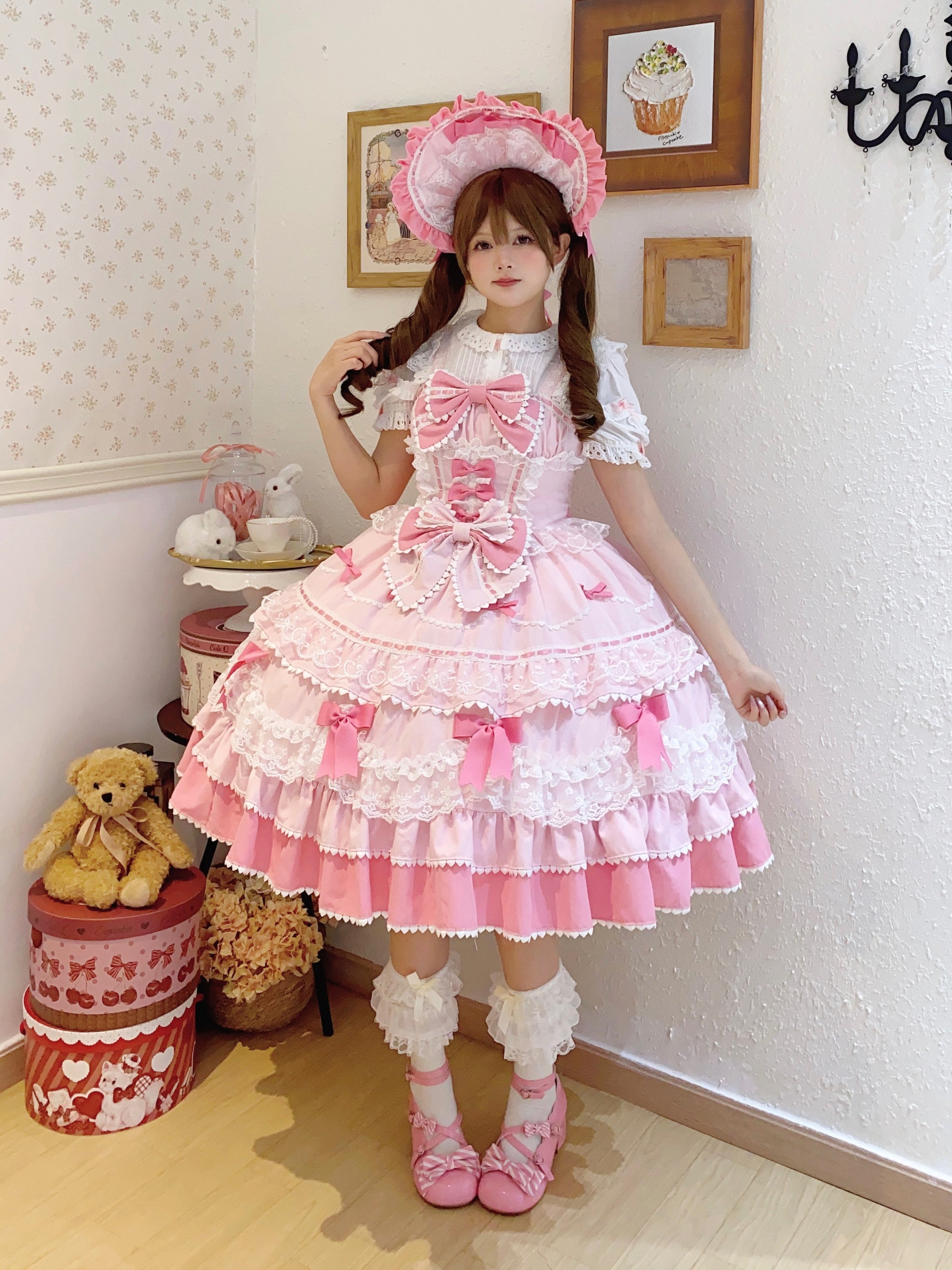 Sweet Hime Lolita Tea Party Fashion Cake Dress Pink Bow Layer Lace Trimmed Lolita Dress