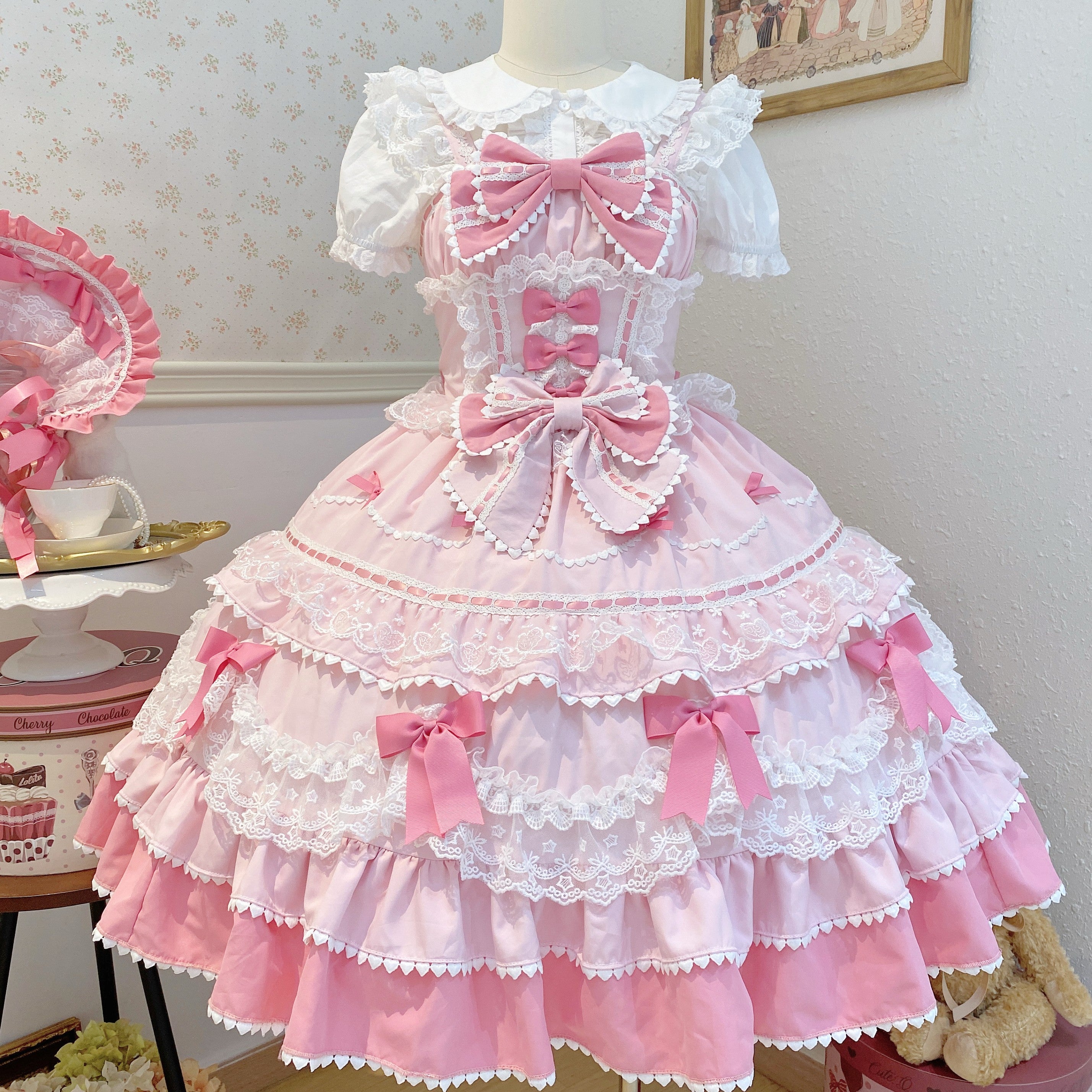 Sweet Hime Lolita Tea Party Fashion Cake Dress Pink Bow Layer Lace Trimmed Lolita Dress