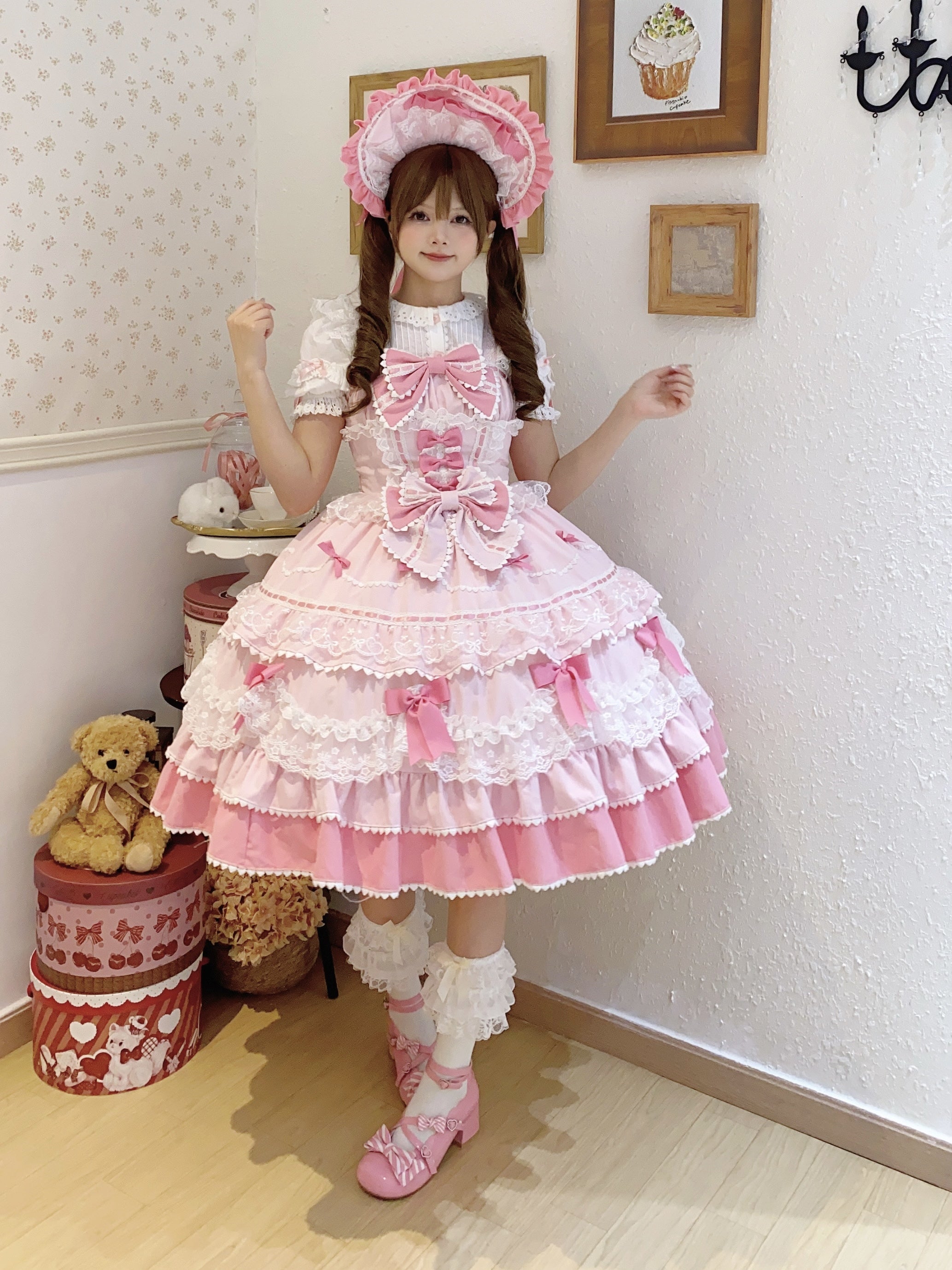 Sweet Hime Lolita Tea Party Fashion Cake Dress Pink Bow Layer Lace Trimmed Lolita Dress