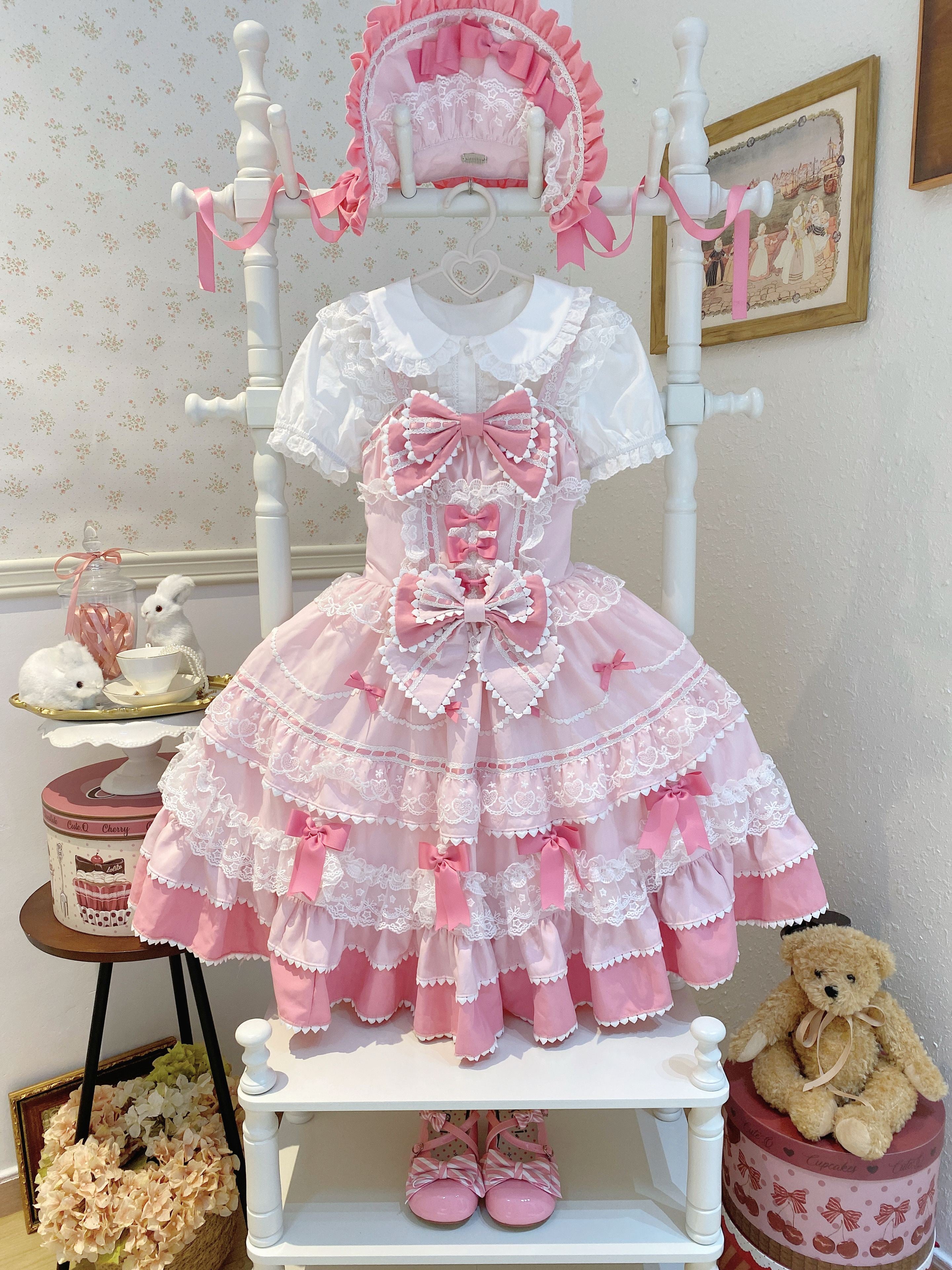 Sweet Hime Lolita Tea Party Fashion Cake Dress Pink Bow Layer Lace Trimmed Lolita Dress
