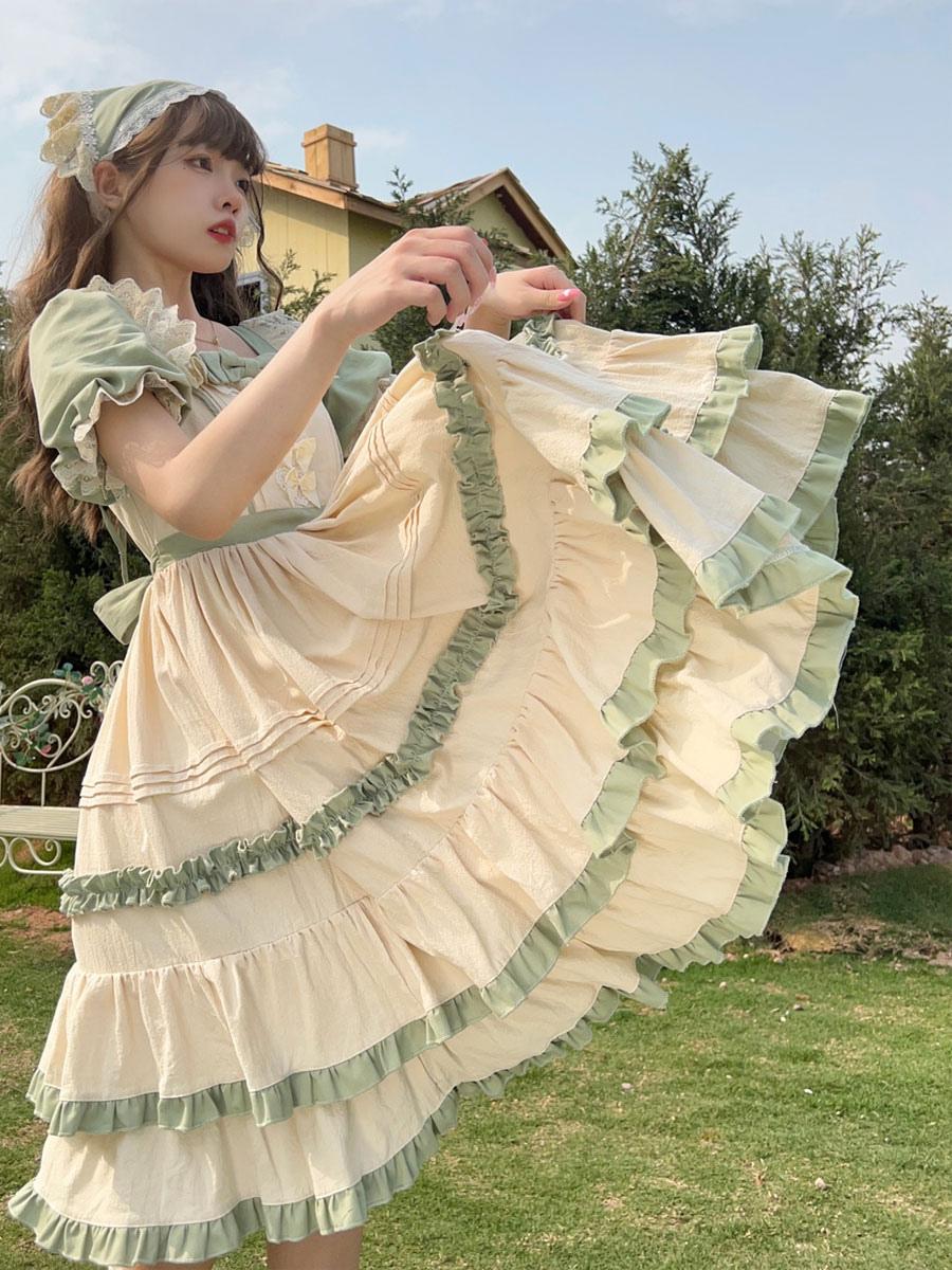 Sweet Lolita Maid Outfit Green Ruffle Short Sleeve Country Style Long Dress