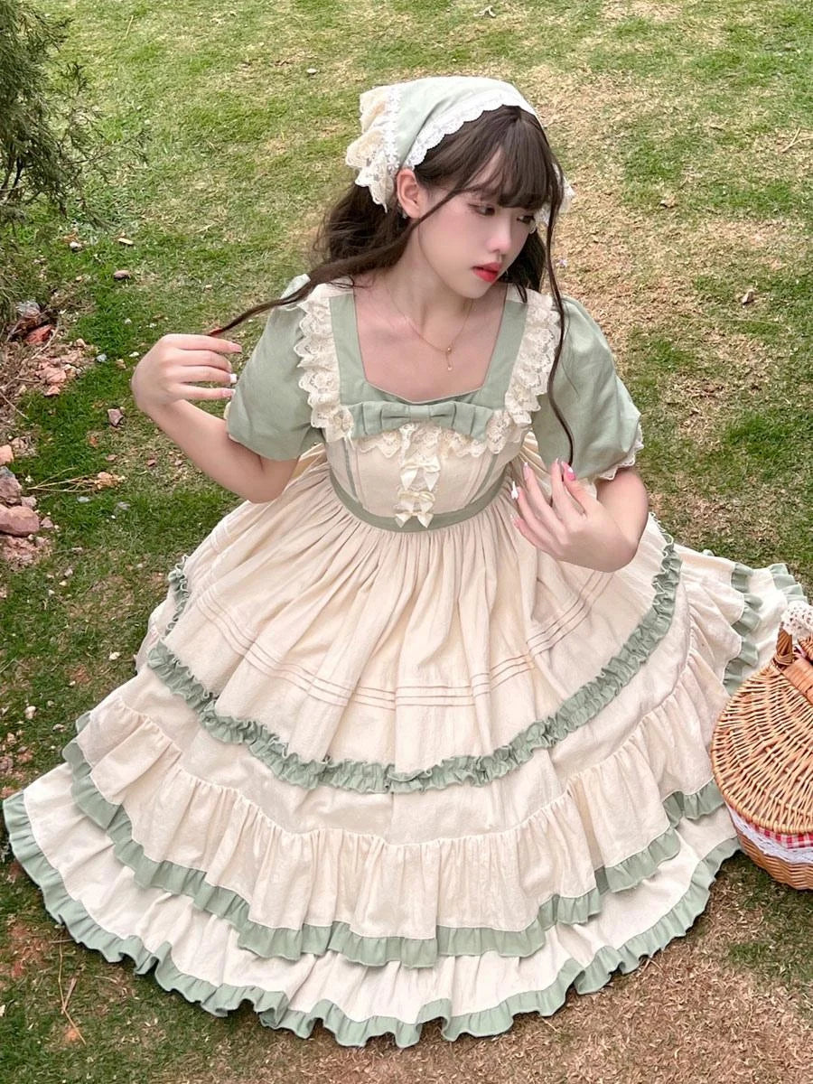 Sweet Lolita Maid Outfit Green Ruffle Short Sleeve Country Style Long Dress