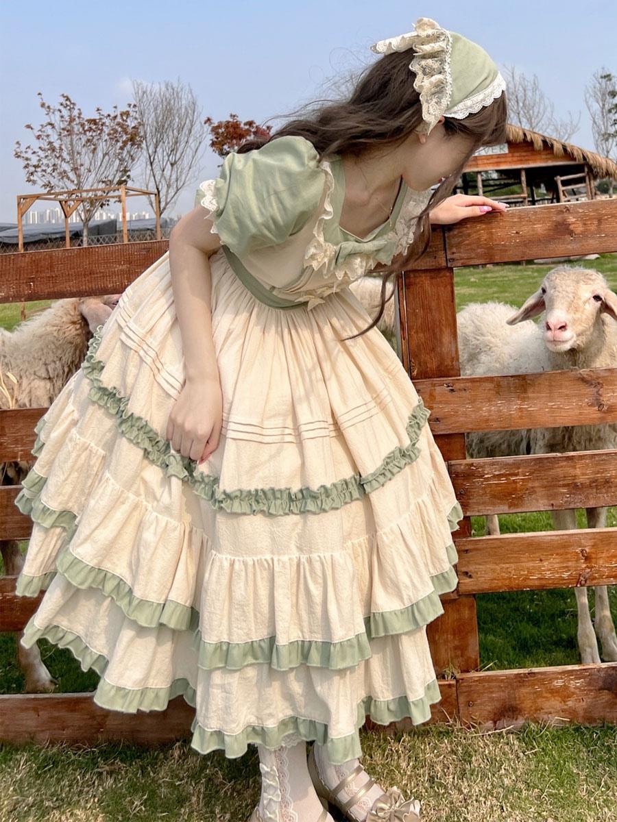 Sweet Lolita Maid Outfit Green Ruffle Short Sleeve Country Style Long Dress
