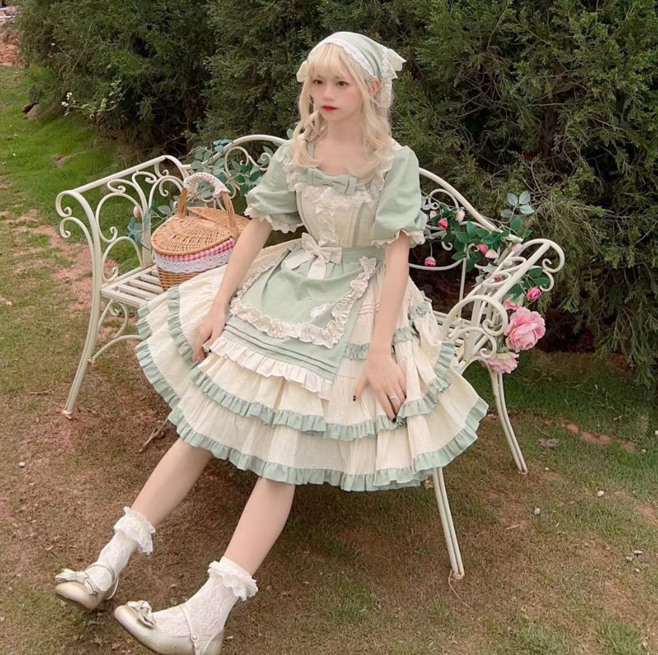 Sweet Lolita Maid Outfit Green Ruffle Short Sleeve Country Style Long Dress