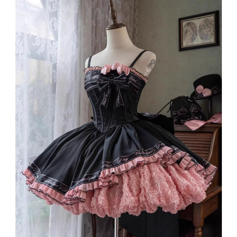 This Sweet Lolita short princess dress in black and pink combines playful charm with elegant design. Crafted from high-quality fabric, it features a fitted bodice with delicate straps, a flared skirt, and includes a petticoat for extra volume. Perfect for student events, parties, tea ceremonies, or cosplay, this dress captures a youthful yet refined aesthetic, making it a standout choice for any special occasion. The set includes both the dress and the petticoat.