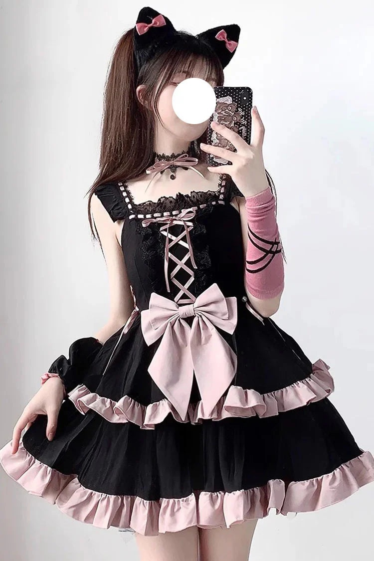 Design Concept:
This Sweet Lolita JSK dress in black and pink features a two-tier frill design with charming ribbon tie-up details. The layered ruffles create a playful and elegant silhouette, perfectly capturing the sweet princess-inspired Lolita aesthetic. Crafted with attention to detail, this dress is ideal for cosplay, special occasions, or adding a whimsical touch to your everyday Lolita wardrobe.