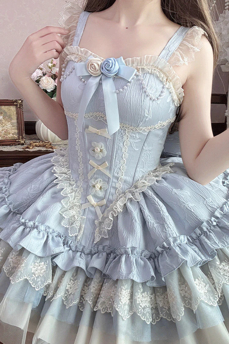 Sweet Lolita Blue Delicate Cascading Ruffles Lace Up JSK Dress