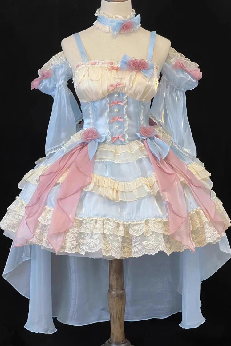 Design Concept: 
Embody the essence of a fairy-tale princess with this complete and exquisite Sweet Lolita coordinate set. The beautiful blue JSK dress is crafted with a sweet and romantic silhouette, featuring elegant multi-layered ruffles and delicate lace trim for a truly enchanting look. This set is designed for a complete head-to-toe transformation. It includes not only the stunning dress but also a matching choker necklace and an ornate brooch, adding layers of refined detail. The crowning glory