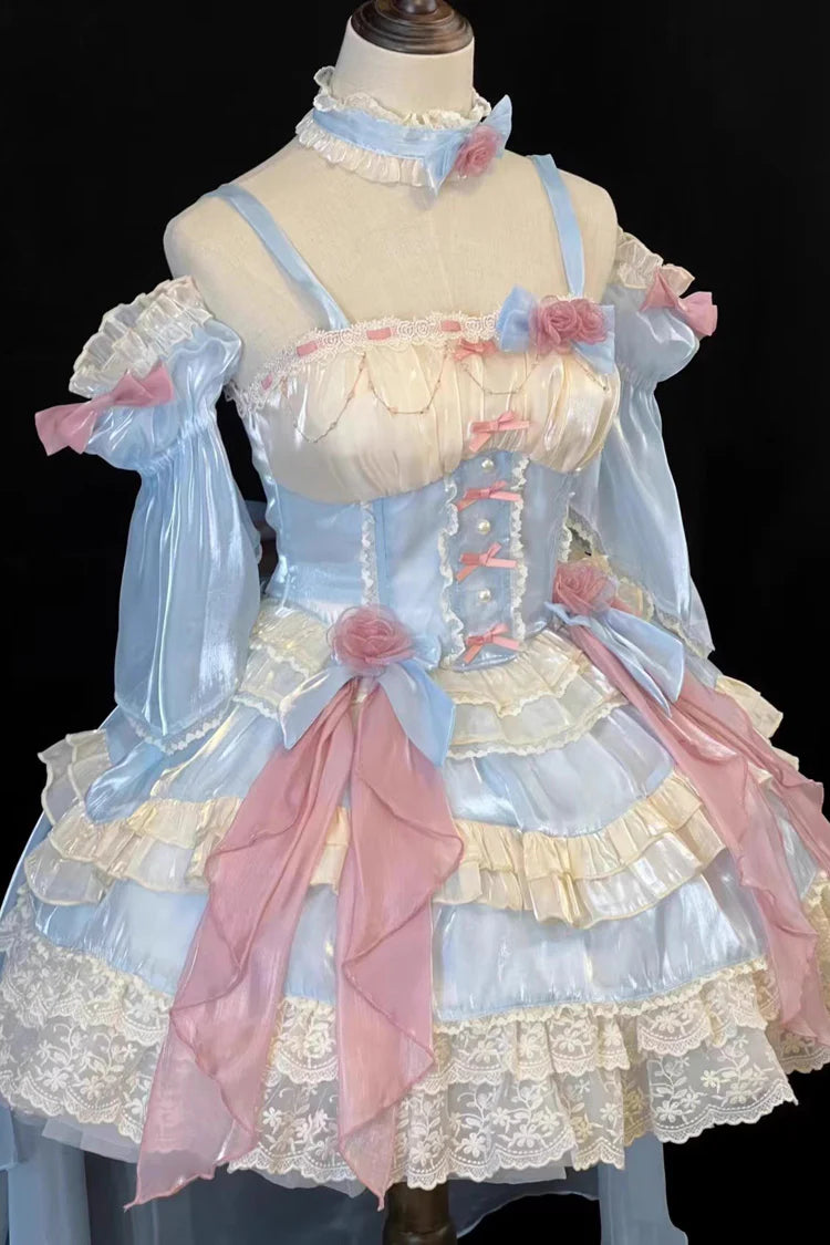 Design Concept: 
Embody the essence of a fairy-tale princess with this complete and exquisite Sweet Lolita coordinate set. The beautiful blue JSK dress is crafted with a sweet and romantic silhouette, featuring elegant multi-layered ruffles and delicate lace trim for a truly enchanting look. This set is designed for a complete head-to-toe transformation. It includes not only the stunning dress but also a matching choker necklace and an ornate brooch, adding layers of refined detail. The crowning glory