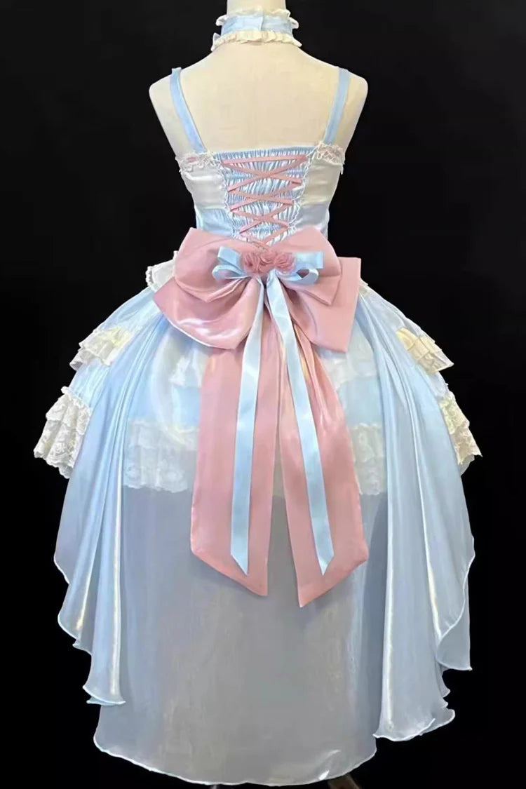 Design Concept: 
Embody the essence of a fairy-tale princess with this complete and exquisite Sweet Lolita coordinate set. The beautiful blue JSK dress is crafted with a sweet and romantic silhouette, featuring elegant multi-layered ruffles and delicate lace trim for a truly enchanting look. This set is designed for a complete head-to-toe transformation. It includes not only the stunning dress but also a matching choker necklace and an ornate brooch, adding layers of refined detail. The crowning glory