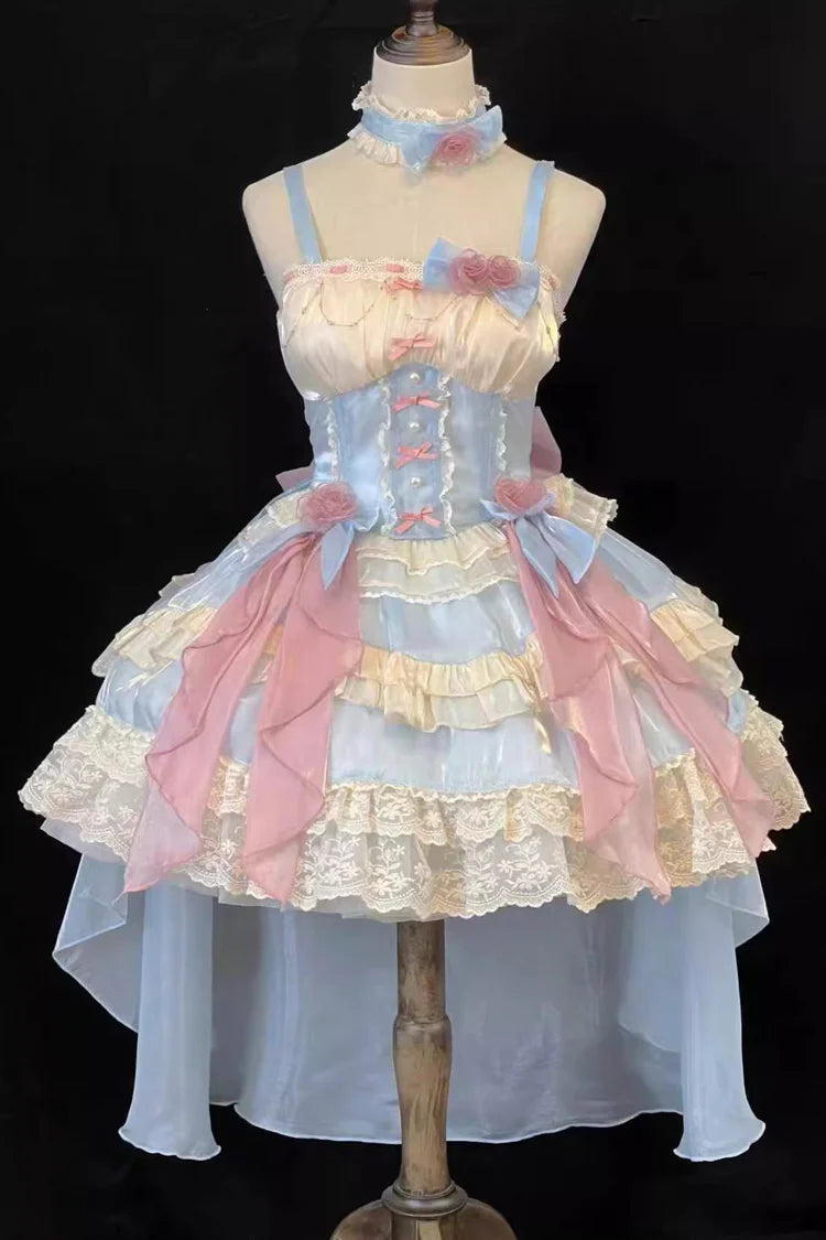 Design Concept: 
Embody the essence of a fairy-tale princess with this complete and exquisite Sweet Lolita coordinate set. The beautiful blue JSK dress is crafted with a sweet and romantic silhouette, featuring elegant multi-layered ruffles and delicate lace trim for a truly enchanting look. This set is designed for a complete head-to-toe transformation. It includes not only the stunning dress but also a matching choker necklace and an ornate brooch, adding layers of refined detail. The crowning glory