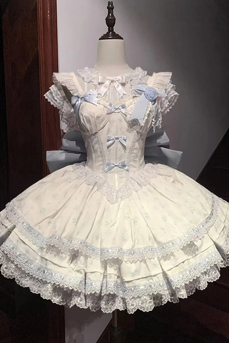 Design Concept: 
Immerse yourself in a fairy tale with this complete Sweet Lolita coord set. The set features a beautiful blue colorway with an all-over delicate floral print, perfect for creating a sweet and romantic look. The centerpiece is a Jumperskirt (JSK) dress, adorned with multi-layered ruffles, intricate lace, and a charming bow detail. The matching blouse complements the dress perfectly, creating a harmonious and fully styled silhouette.