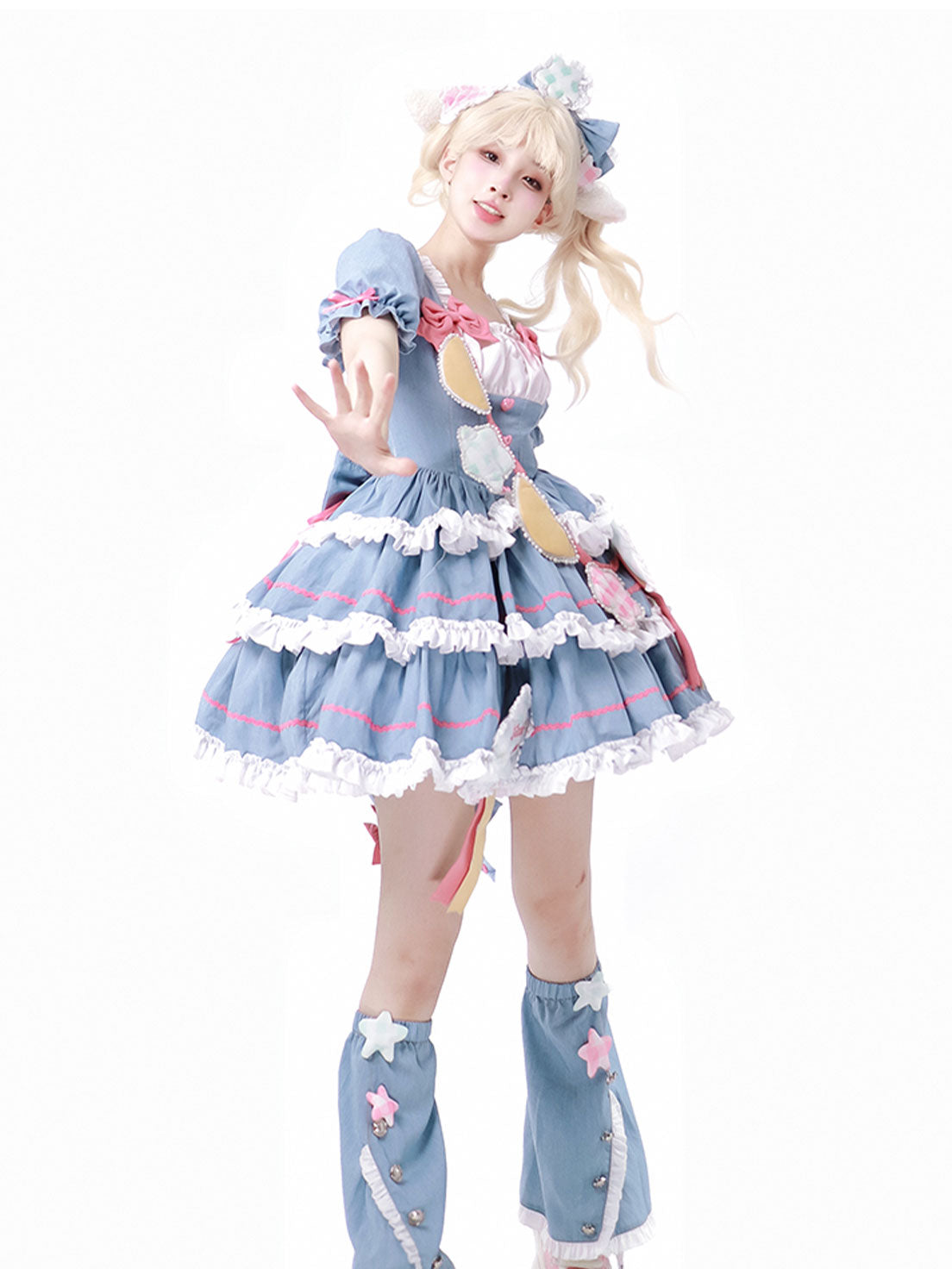 Sweet Lolita Blue Layer Cake Dress Pleats Trimmed Denim Patchwork Dress Summer