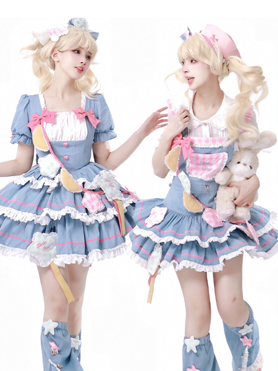 Sweet Lolita Blue Layer Cake Dress Pleats Trimmed Denim Patchwork Dress Summer