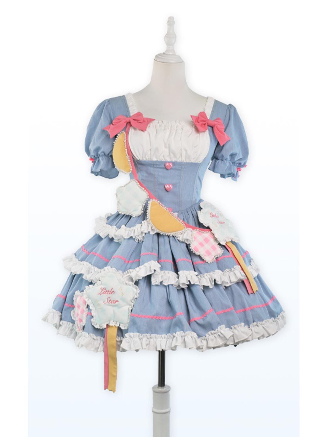 Sweet Lolita Blue Layer Cake Dress Pleats Trimmed Denim Patchwork Dress Summer