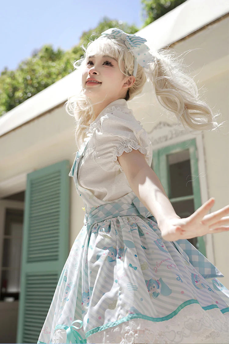 This Sweet Lolita blue and pink sleeveless strap dress features delicate lace, printed details, and charming bow accents, creating a sweet and elegant Lolita style. The backless design adds a playful touch while maintaining a graceful silhouette. Product Details: The product includes one strap dress, perfect for achieving a cute and refined Lolita look.