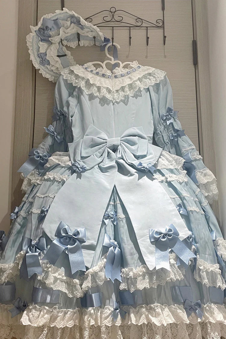 Design Concept:
This Sweet Lolita dress in soft blue features a round neck and long flared sleeves, adorned with delicate lace and a charming ribbon for a bridal-inspired princess look. The silhouette combines elegance with daily wearability, creating a sweet and graceful Lolita aesthetic. Perfect for special occasions, cosplay, or completing a feminine wardrobe, this dress highlights both sophistication and playful charm.