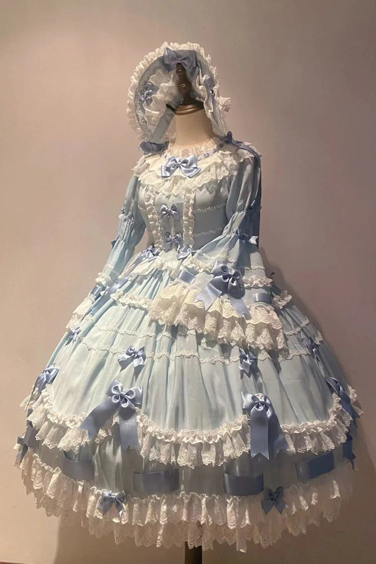 Design Concept:
This Sweet Lolita dress in soft blue features a round neck and long flared sleeves, adorned with delicate lace and a charming ribbon for a bridal-inspired princess look. The silhouette combines elegance with daily wearability, creating a sweet and graceful Lolita aesthetic. Perfect for special occasions, cosplay, or completing a feminine wardrobe, this dress highlights both sophistication and playful charm.