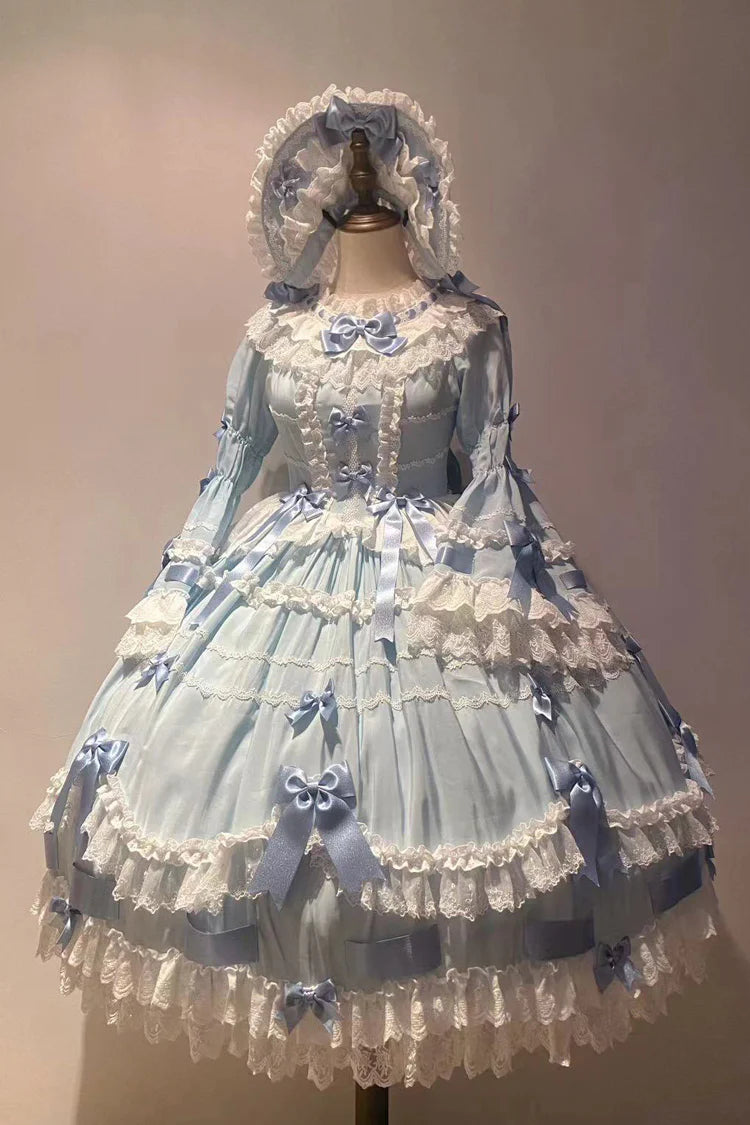 Design Concept:
This Sweet Lolita dress in soft blue features a round neck and long flared sleeves, adorned with delicate lace and a charming ribbon for a bridal-inspired princess look. The silhouette combines elegance with daily wearability, creating a sweet and graceful Lolita aesthetic. Perfect for special occasions, cosplay, or completing a feminine wardrobe, this dress highlights both sophistication and playful charm.