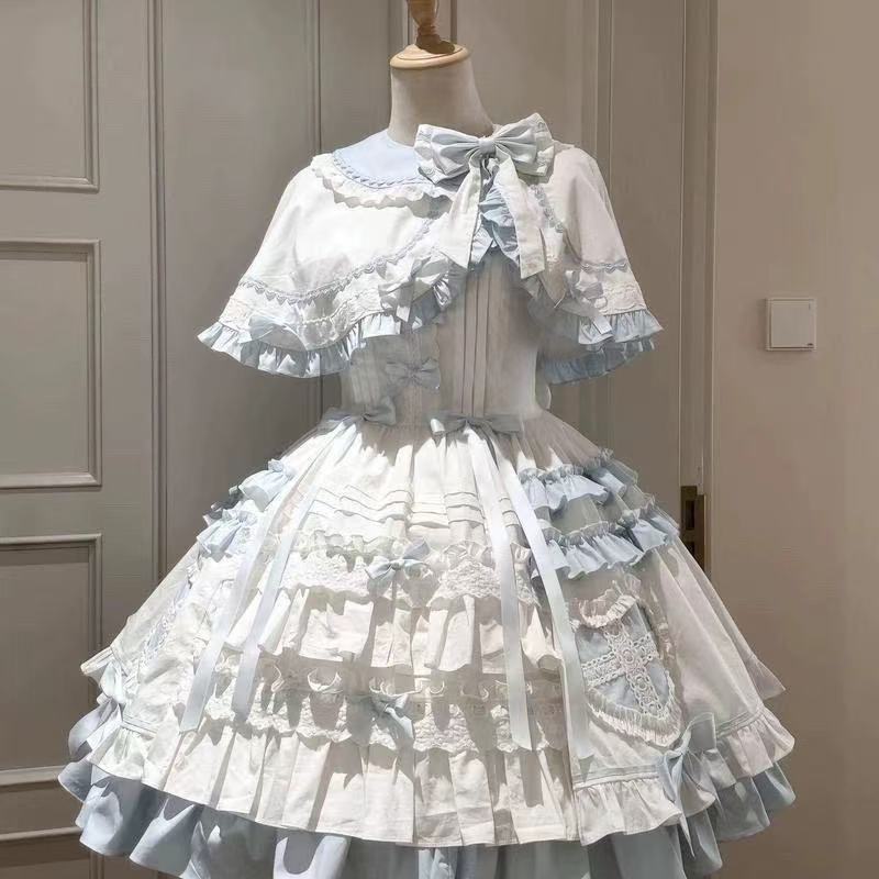 Sweet Lolita Blue White Doll Style Heart Print Cape JSK Set