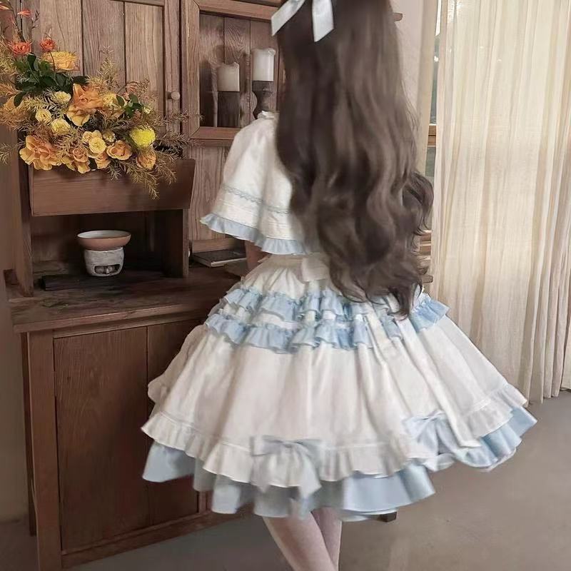 Sweet Lolita Blue White Doll Style Heart Print Cape JSK Set