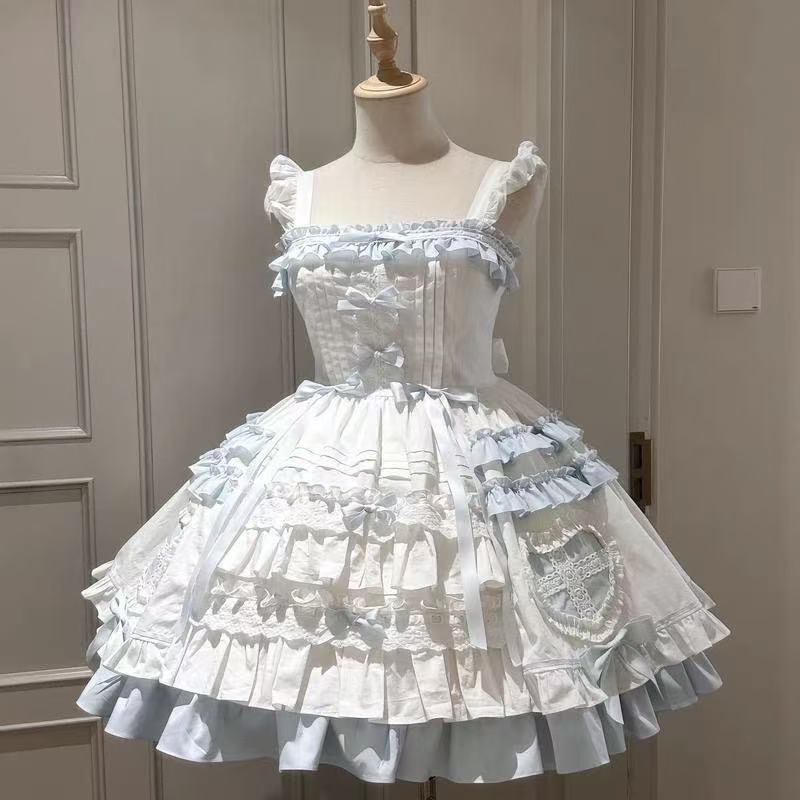 Sweet Lolita Blue White Doll Style Heart Print Cape JSK Set