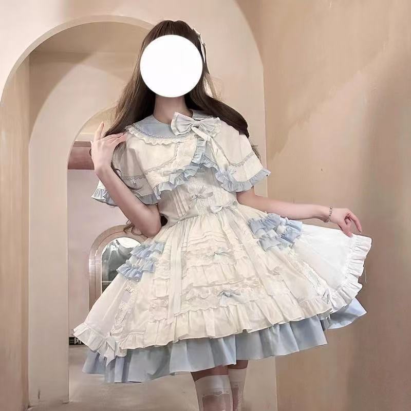 Sweet Lolita Blue White Doll Style Heart Print Cape JSK Set