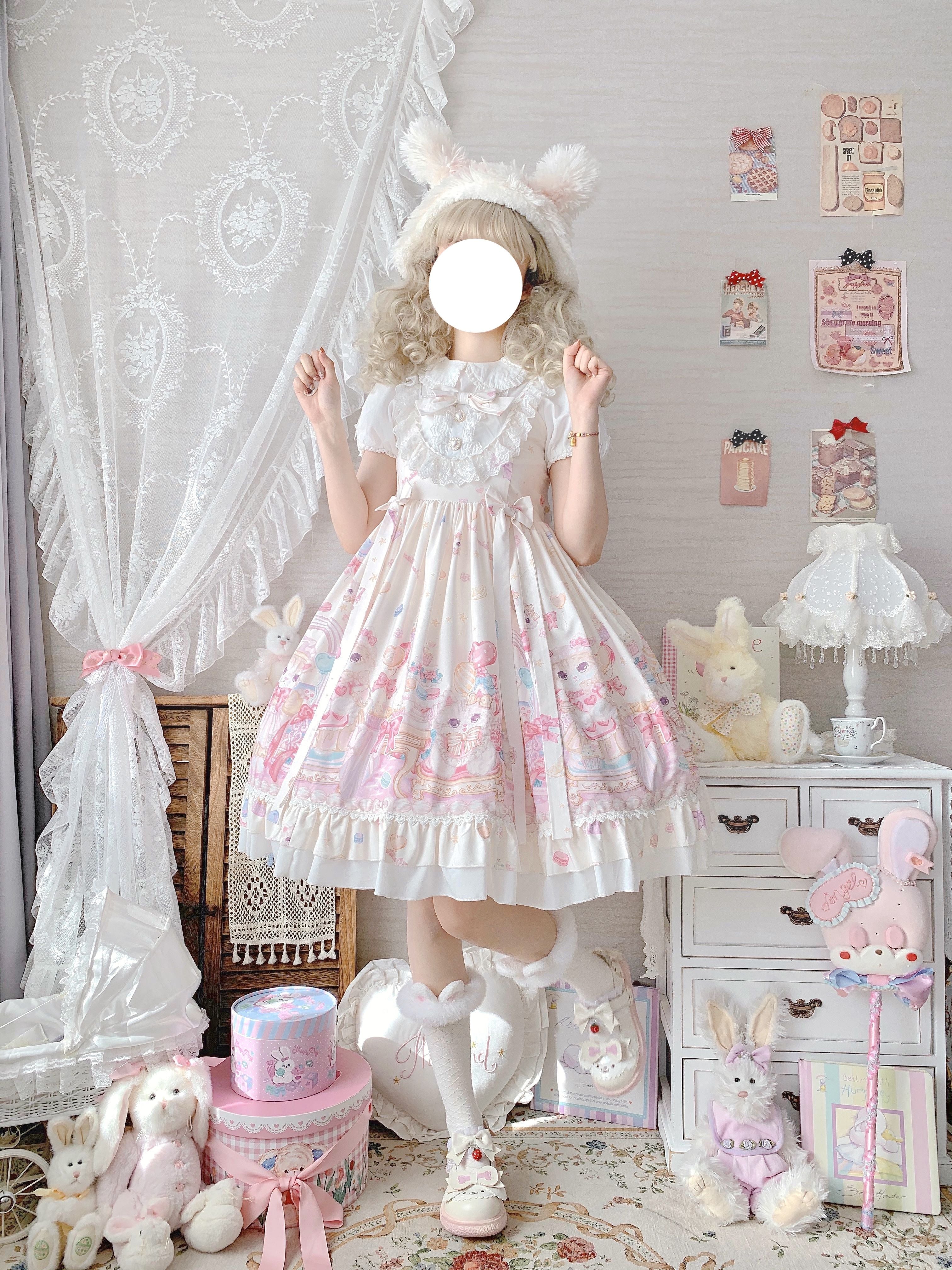 Sweet Lolita Cake Dress Apricot White Cat Cake Print Lace Collar Lolita Dress Plus Size 4XL