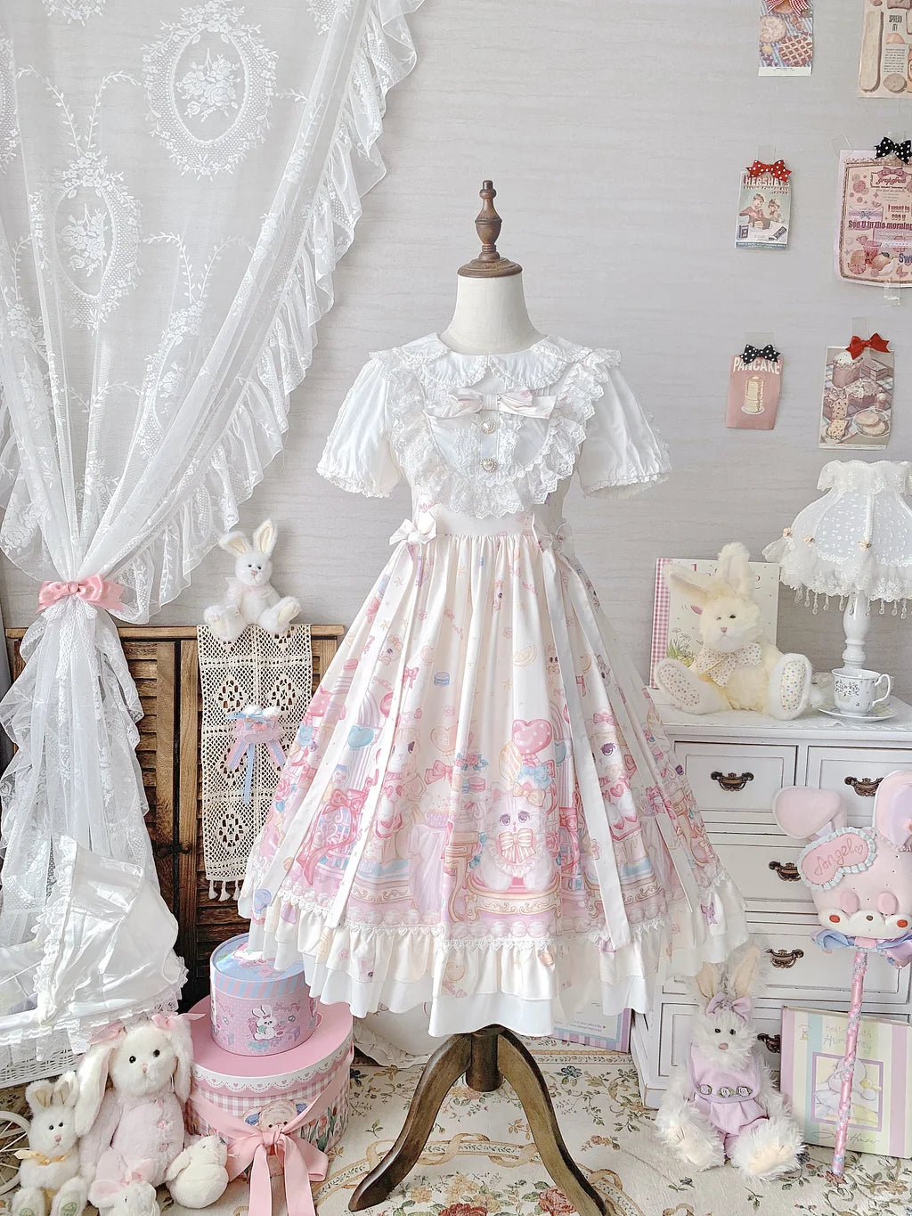 Sweet Lolita Cake Dress Apricot White Cat Cake Print Lace Collar Lolita Dress Plus Size 4XL