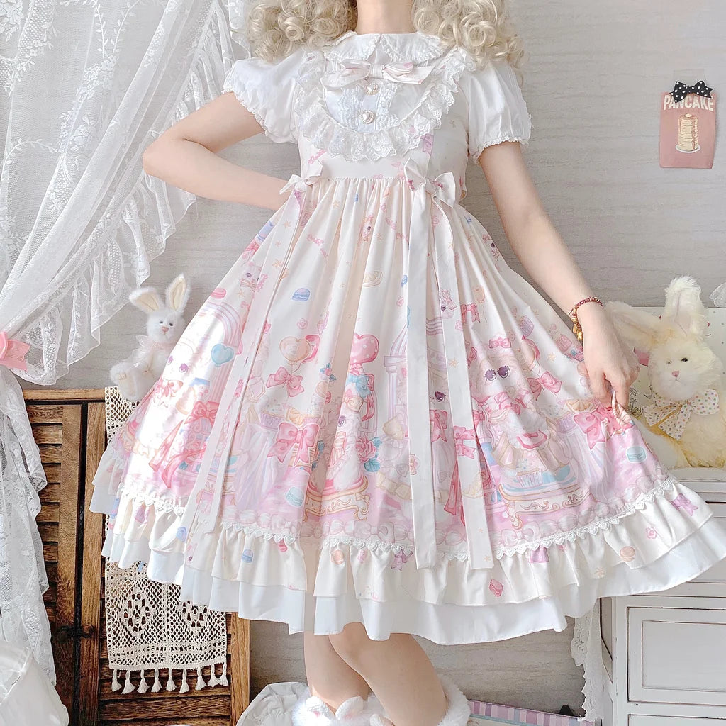 Sweet Lolita Cake Dress Apricot White Cat Cake Print Lace Collar Lolita Dress Plus Size 4XL