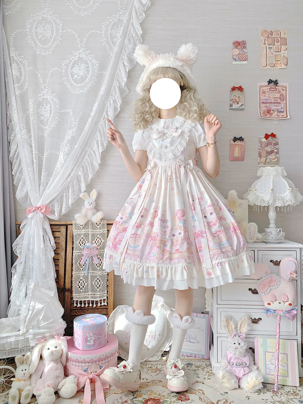 Sweet Lolita Cake Dress Apricot White Cat Cake Print Lace Collar Lolita Dress Plus Size 4XL