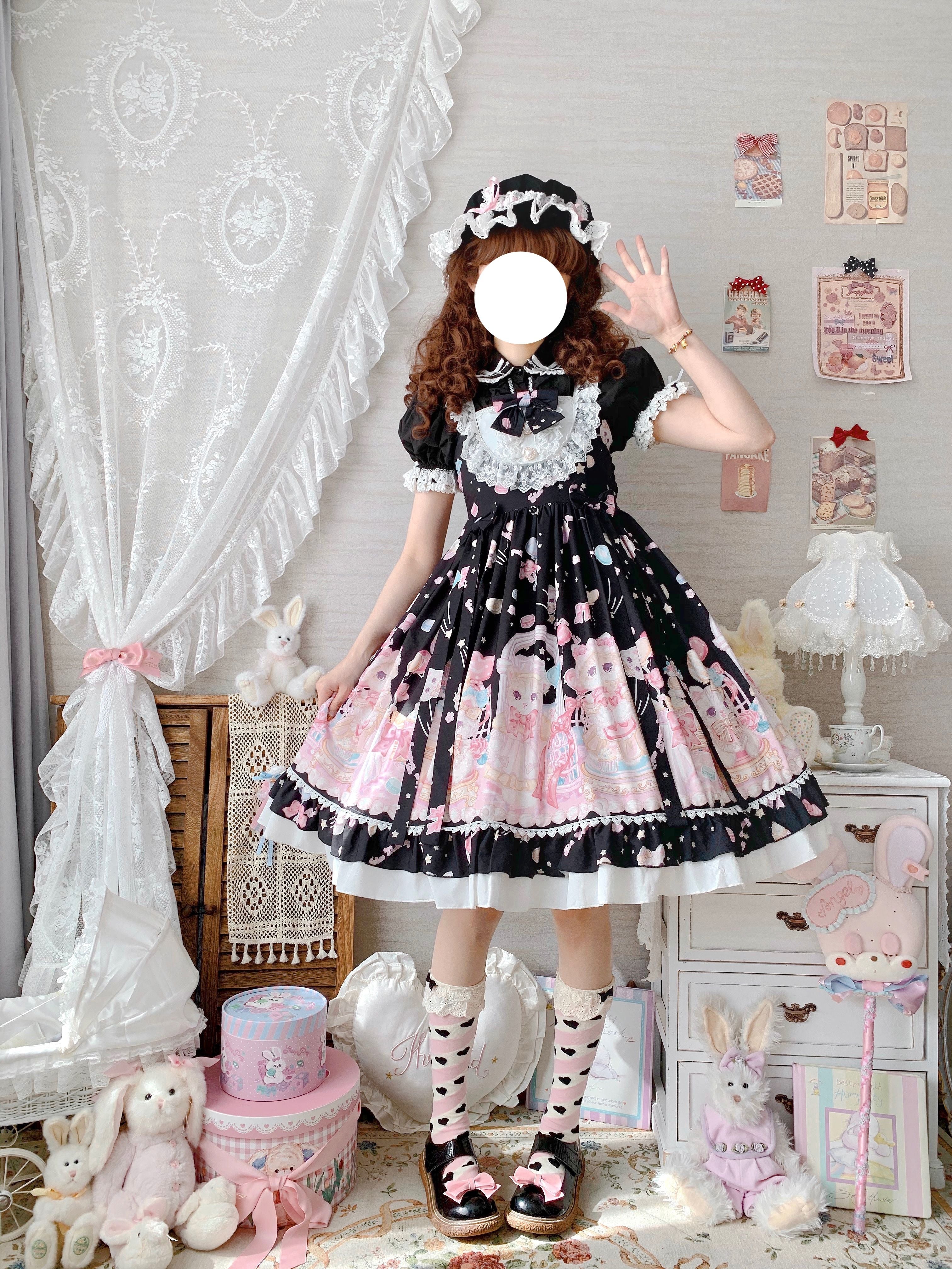 Sweet Lolita Cake Dress Black Cat Cake Print Lace Collar Lolita Dress Plus Size 4XL