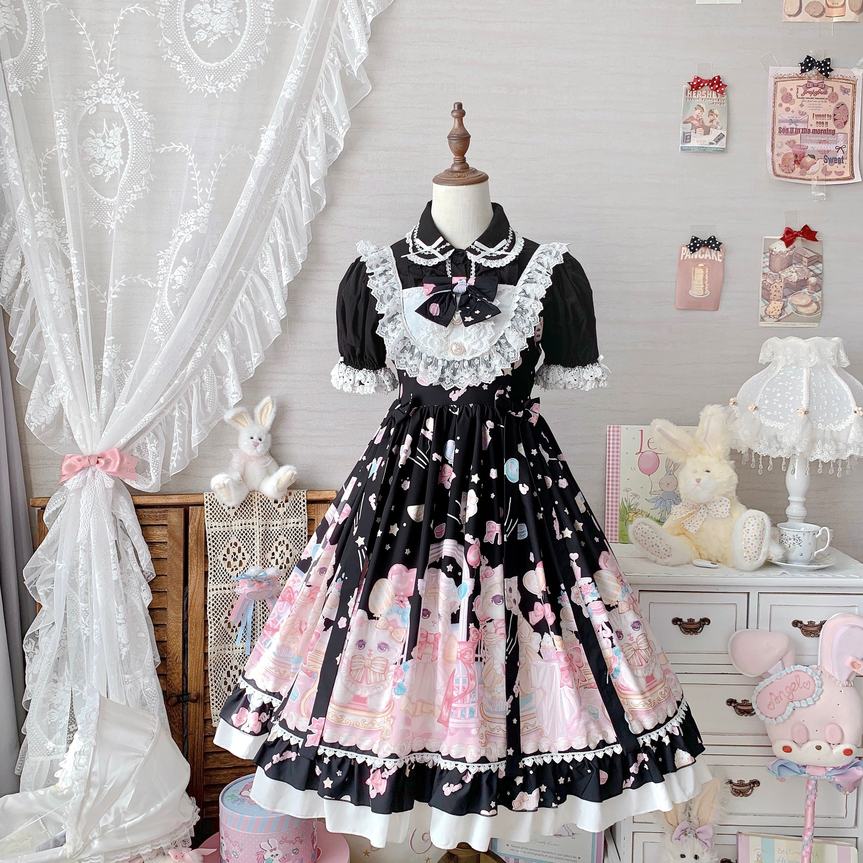 Sweet Lolita Cake Dress Black Cat Cake Print Lace Collar Lolita Dress Plus Size 4XL