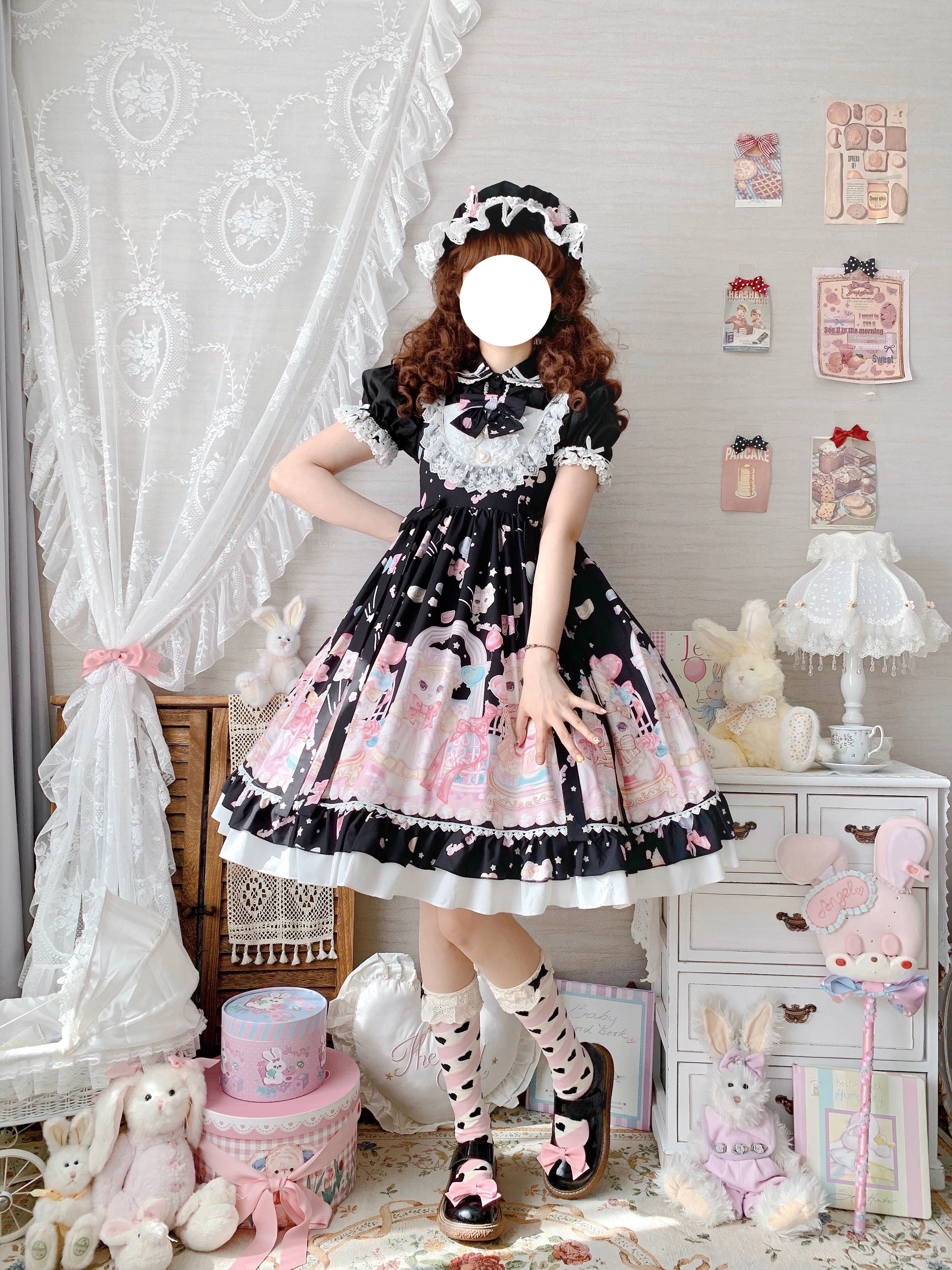 Sweet Lolita Cake Dress Black Cat Cake Print Lace Collar Lolita Dress Plus Size 4XL