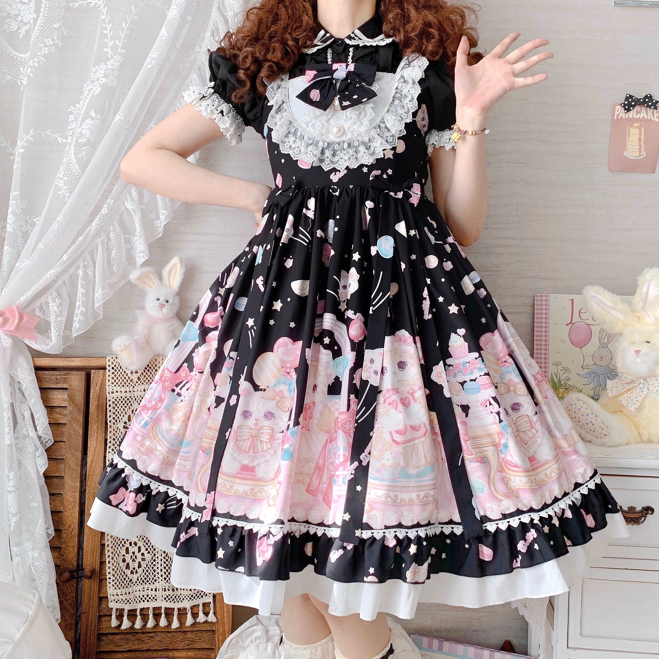Sweet Lolita Cake Dress Black Cat Cake Print Lace Collar Lolita Dress Plus Size 4XL