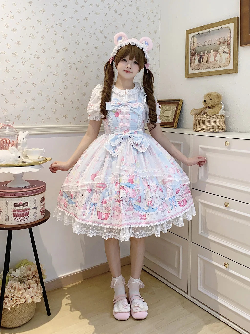 Sweet Lolita Cake Dress Blue Cartoon Character Print Layer Ruffle Lolita Dress