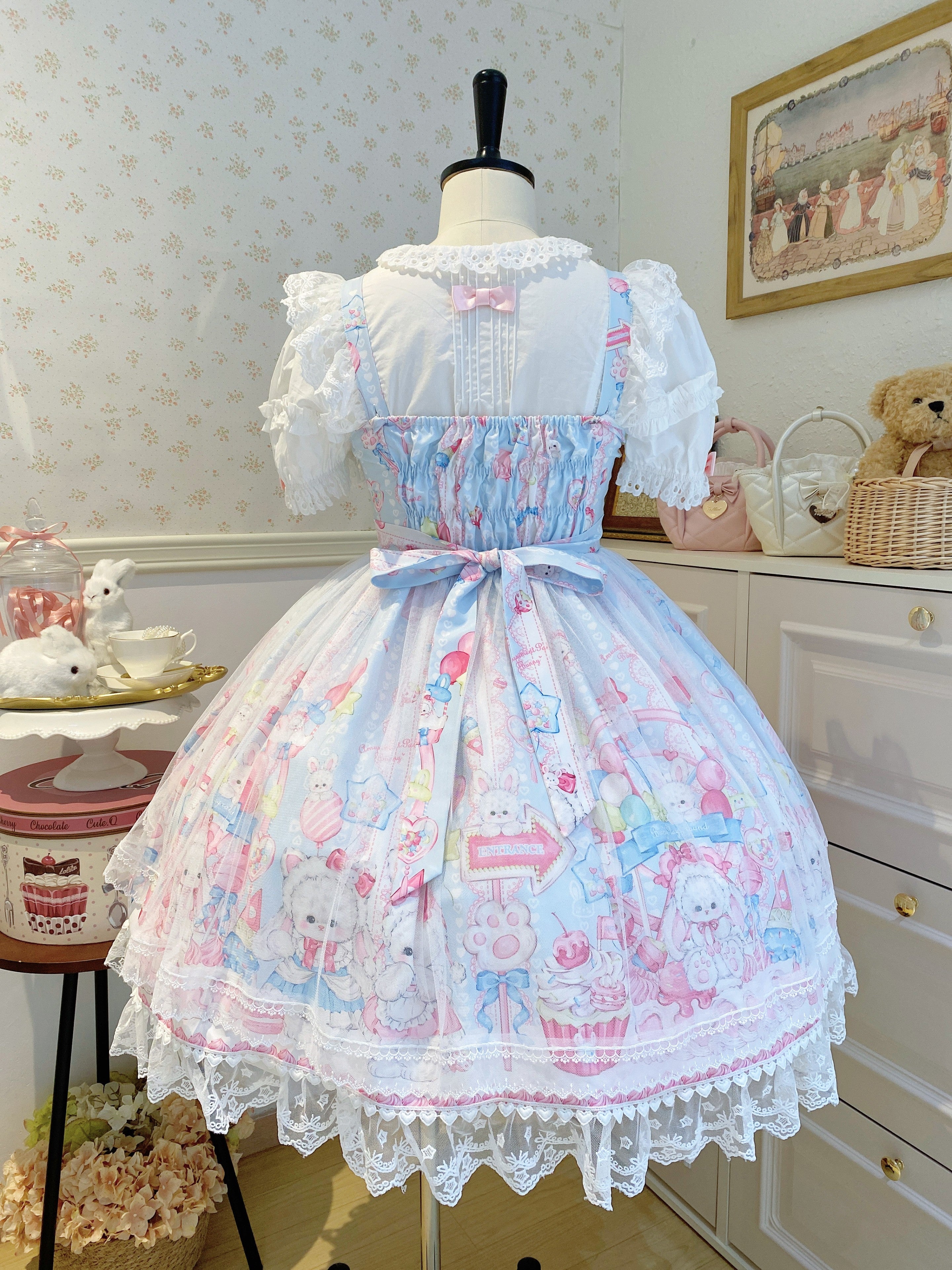 Sweet Lolita Cake Dress Blue Cartoon Character Print Layer Ruffle Lolita Dress