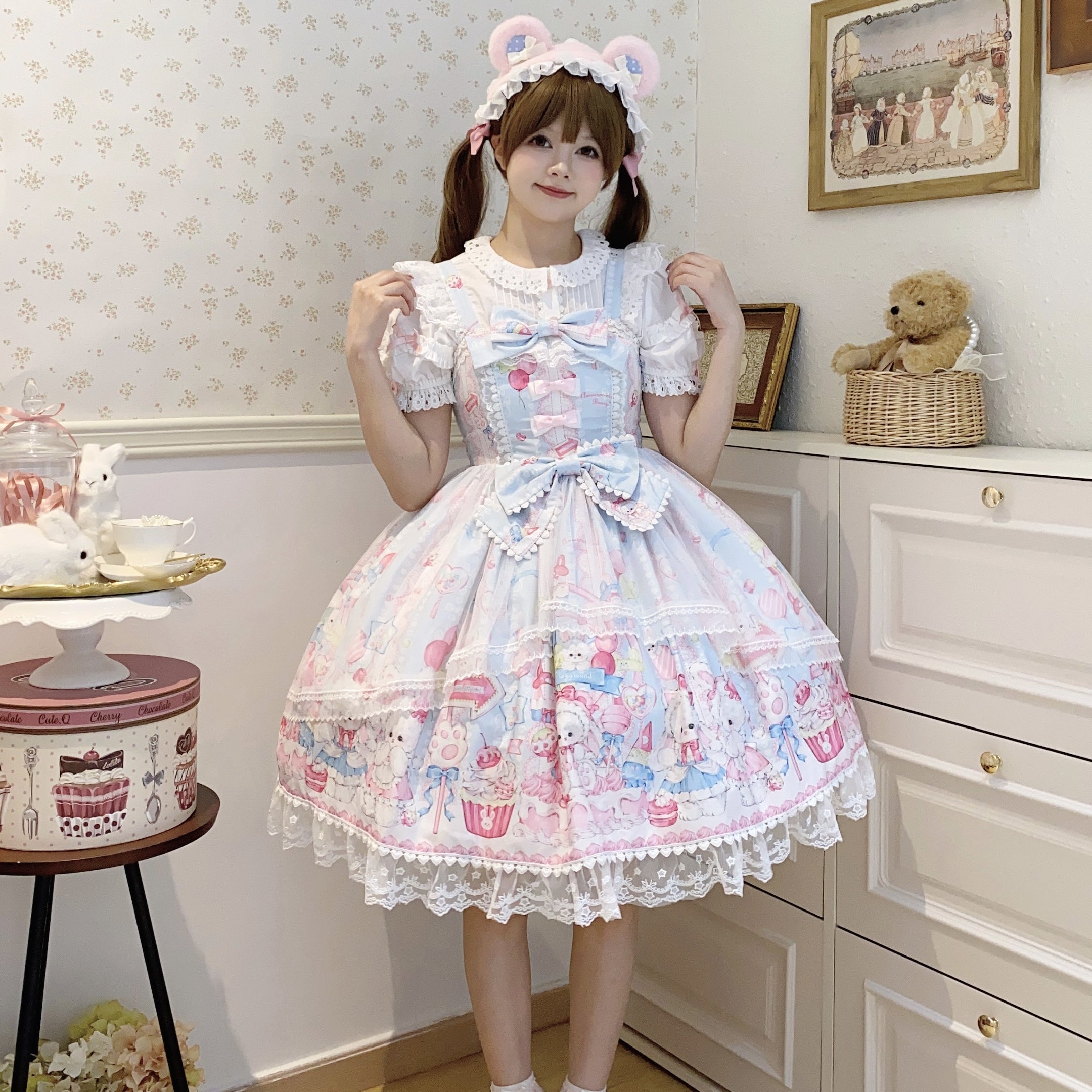 Sweet Lolita Cake Dress Blue Cartoon Character Print Layer Ruffle Lolita Dress