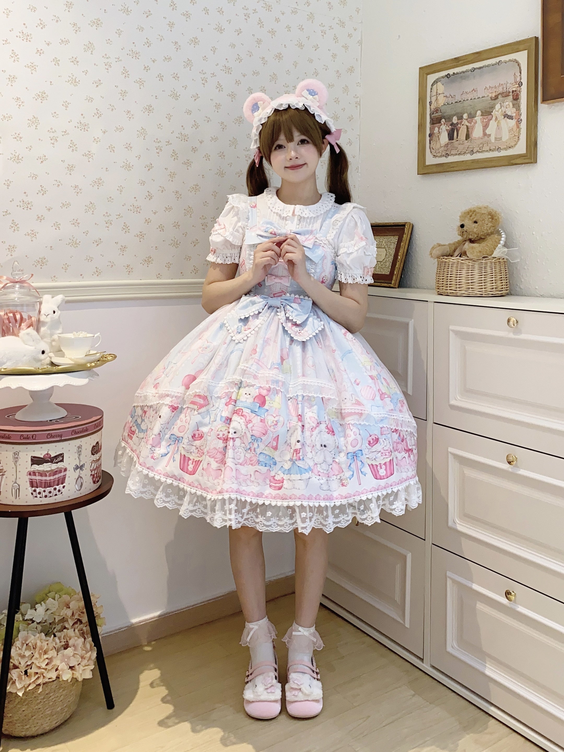 Sweet Lolita Cake Dress Blue Cartoon Character Print Layer Ruffle Lolita Dress