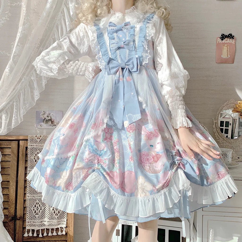 Sweet Lolita Cake Blue Floral Print Bow Layer Lolita Dress