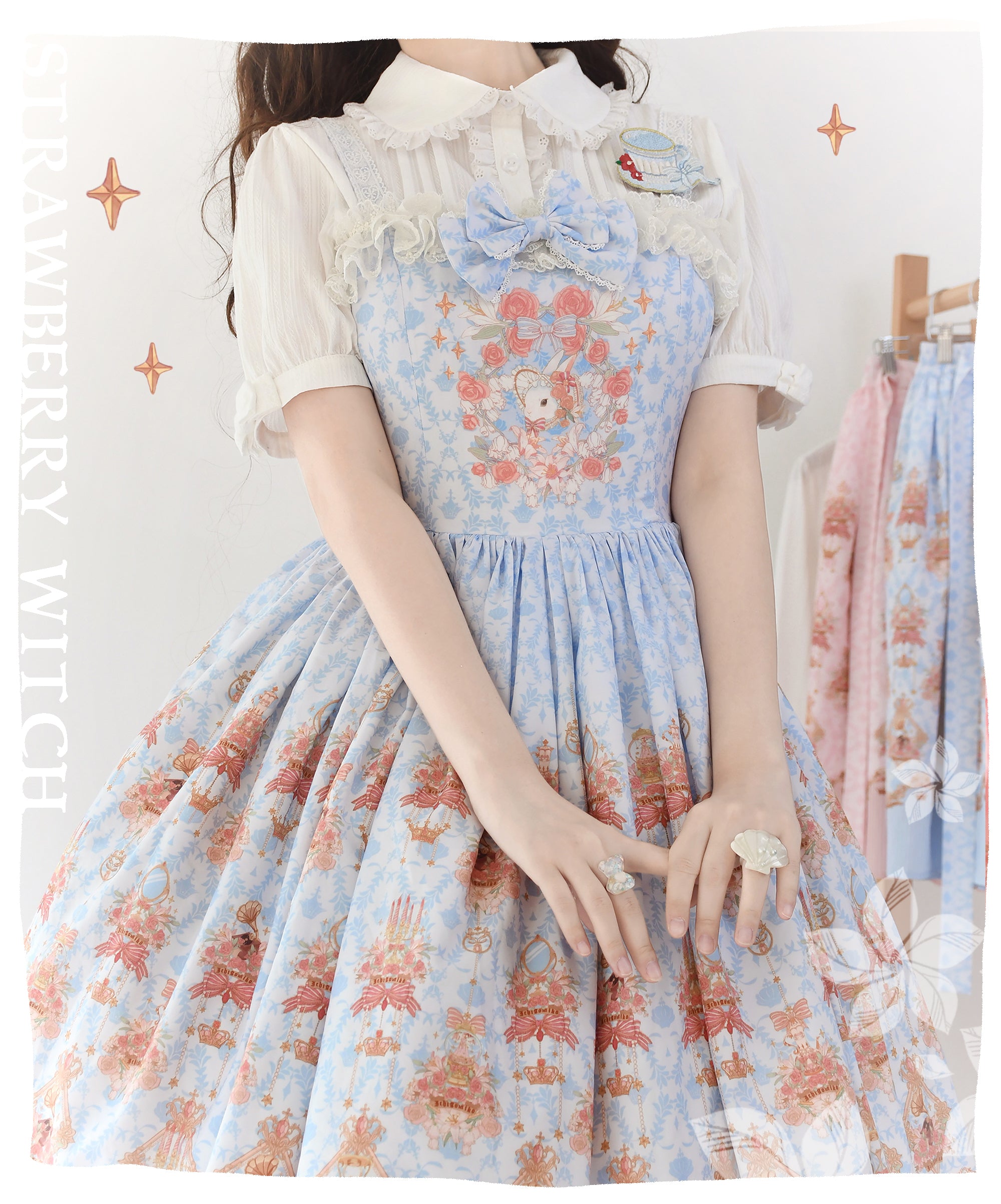 Sweet Lolita Cake Dress Blue Lace Strawberry Witch Rabbit  Trimmed Collar Print Lolita Dress
