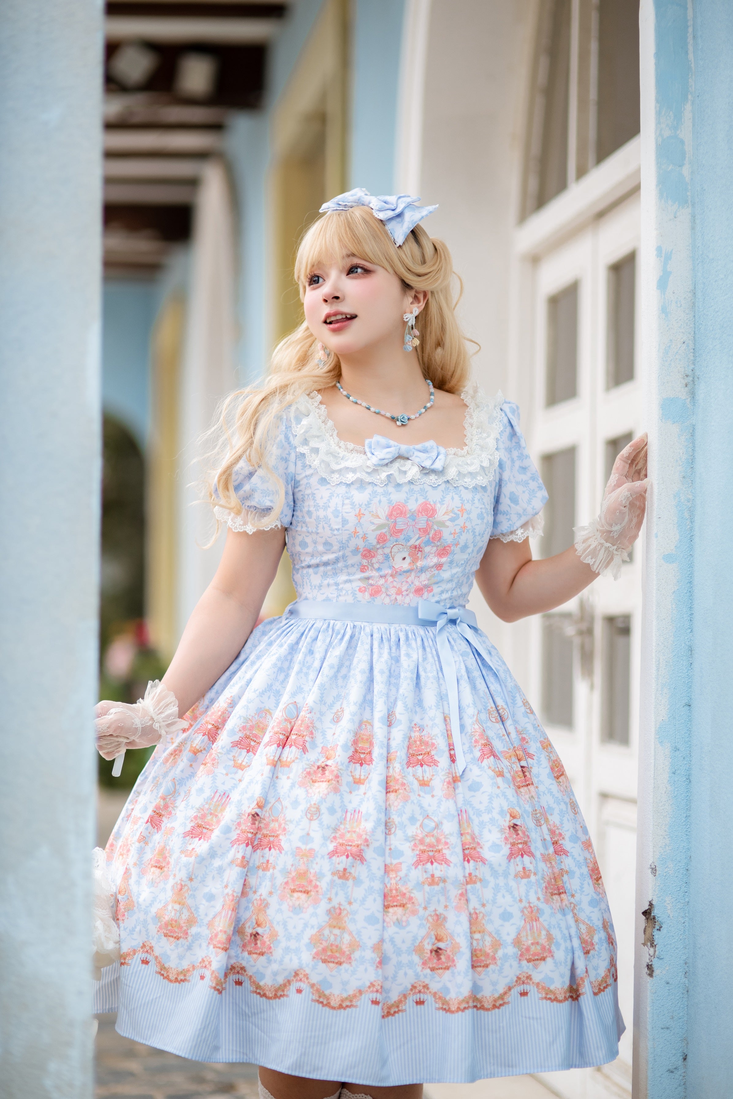 Sweet Lolita Cake Dress Blue Lace Strawberry Witch Rabbit  Trimmed Collar Print Lolita Dress