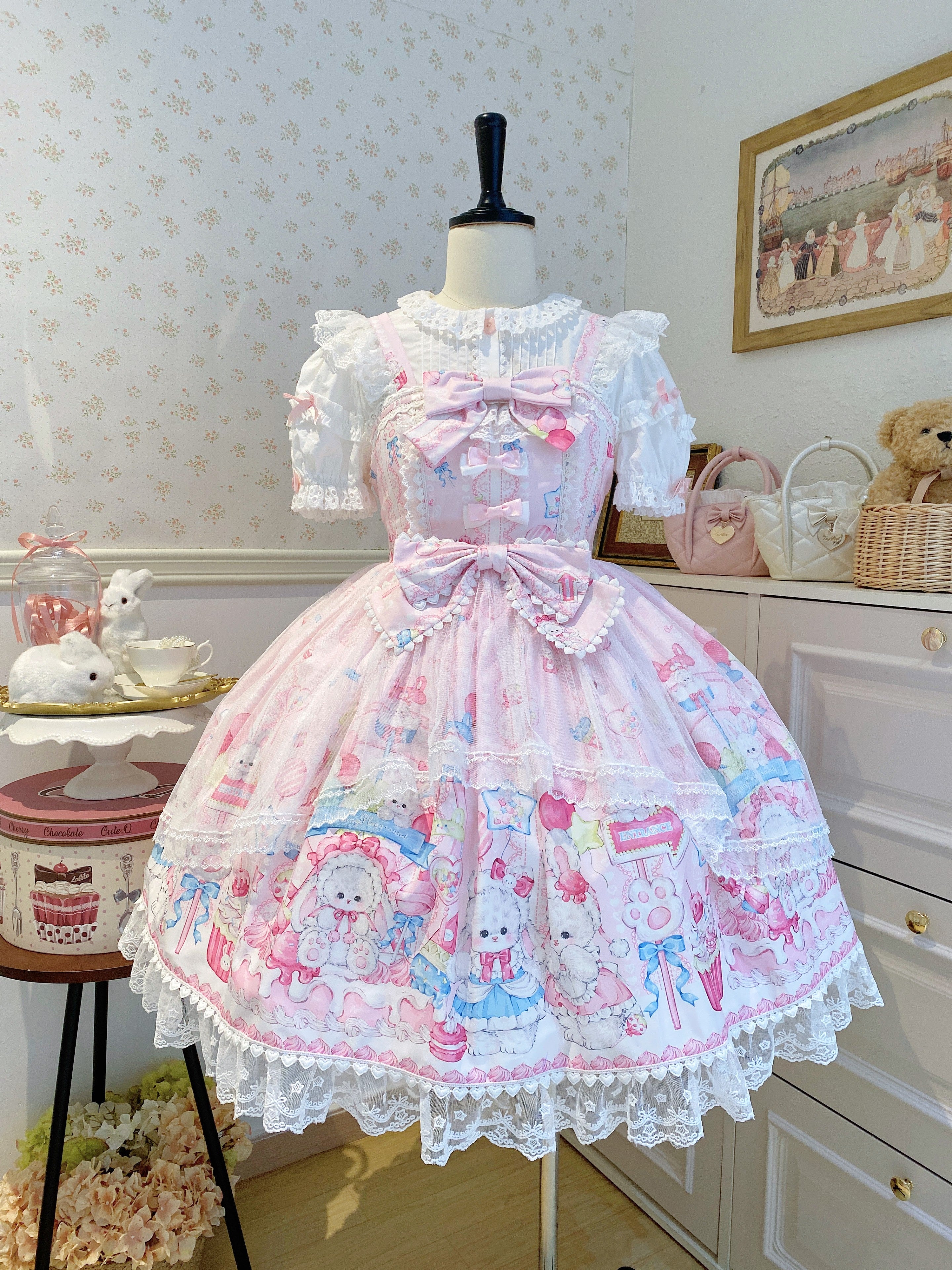 Sweet Lolita Cake Dress Pink Cartoon Character Print Layer Ruffle Lolita Dress