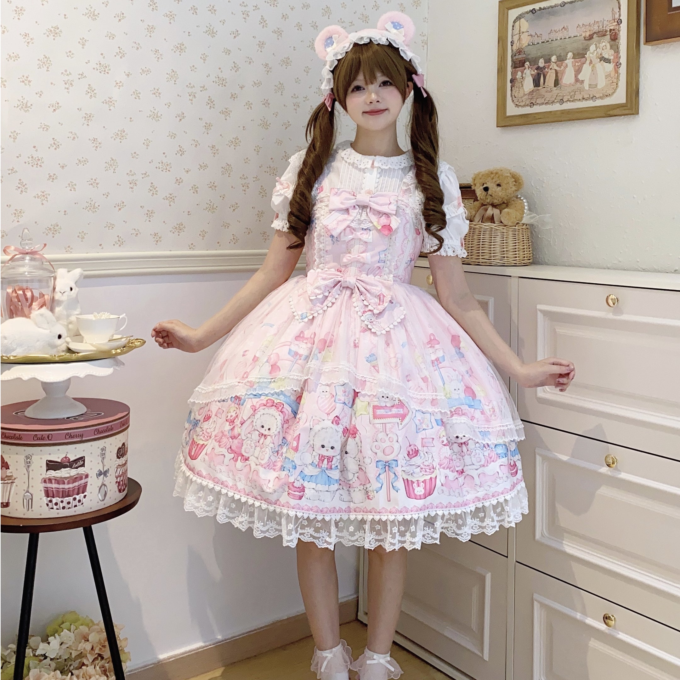 Sweet Lolita Cake Dress Pink Cartoon Character Print Layer Ruffle Lolita Dress