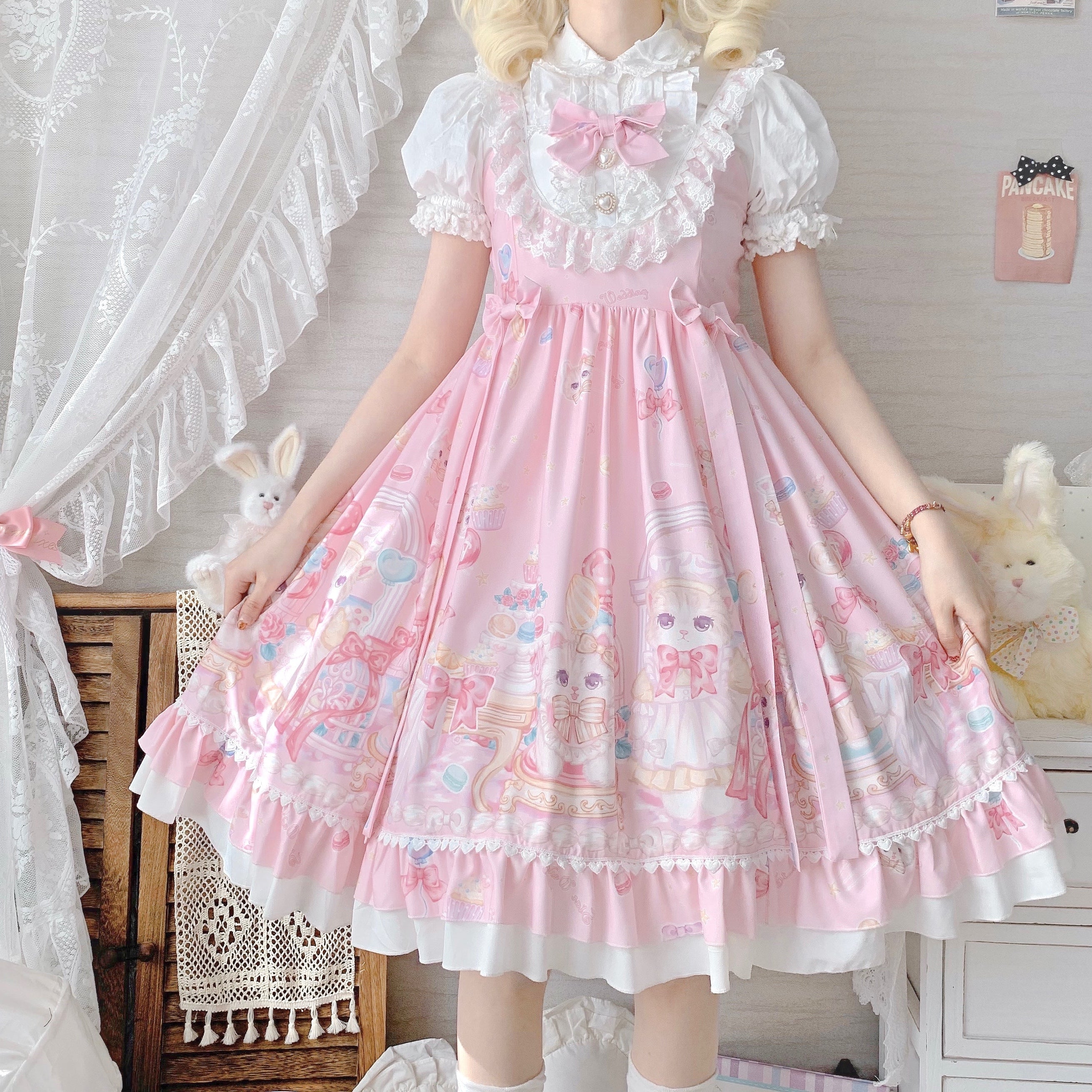 Sweet Lolita Cake Dress Pink Cat Cake Print Lace Collar Lolita Dress Plus Size 4XL