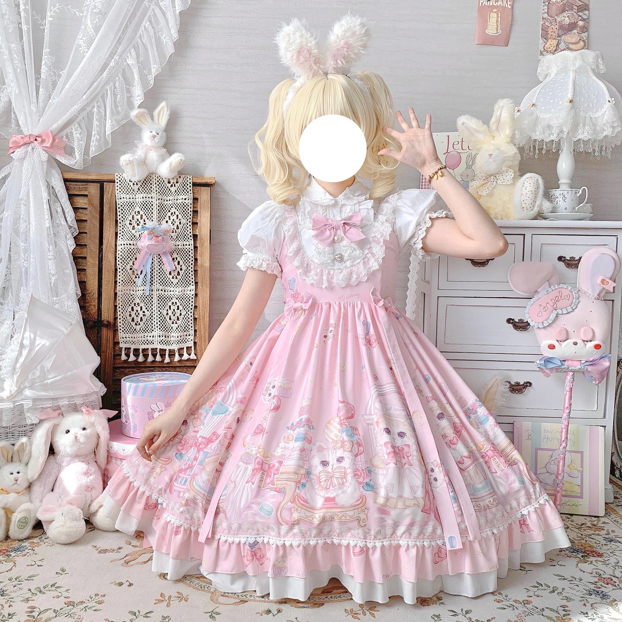 Sweet Lolita Cake Dress Pink Cat Cake Print Lace Collar Lolita Dress Plus Size 4XL