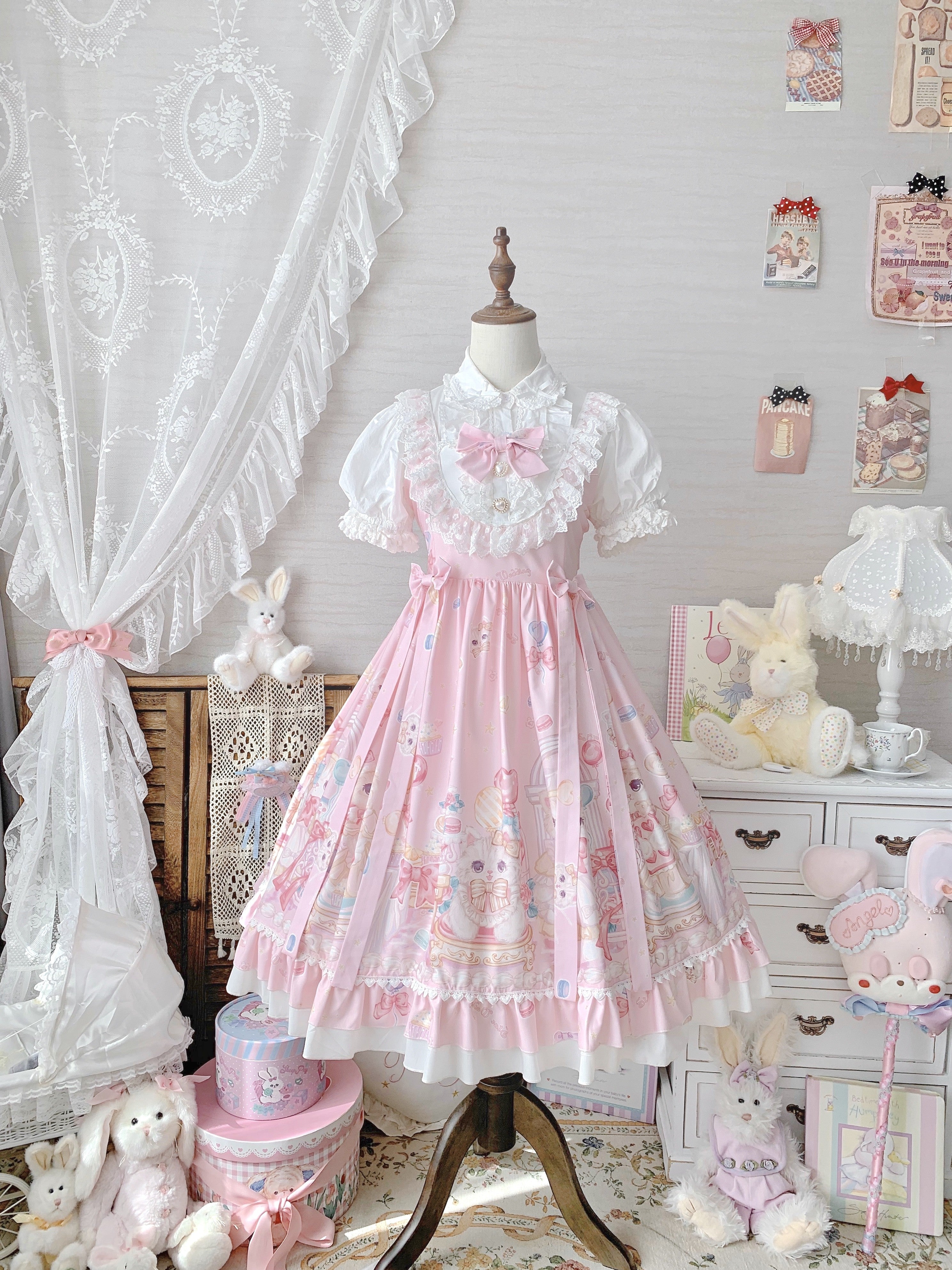 Sweet Lolita Cake Dress Pink Cat Cake Print Lace Collar Lolita Dress Plus Size 4XL