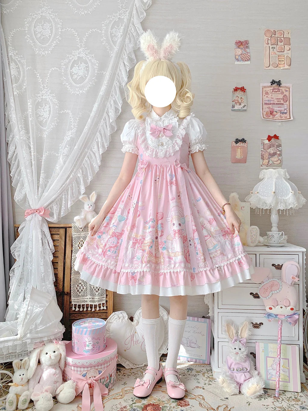 Sweet Lolita Cake Dress Pink Cat Cake Print Lace Collar Lolita Dress Plus Size 4XL
