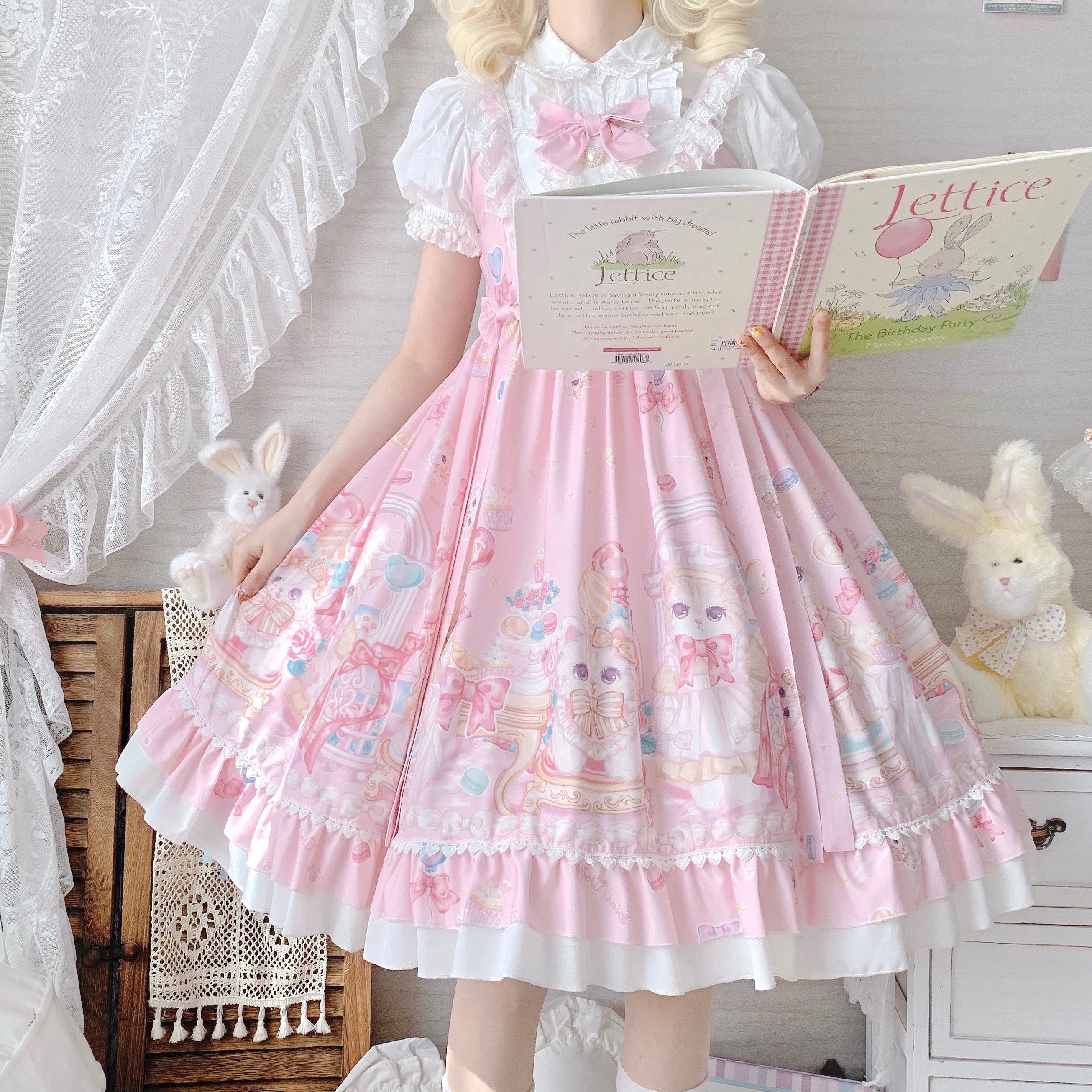 Sweet Lolita Cake Dress Pink Cat Cake Print Lace Collar Lolita Dress Plus Size 4XL