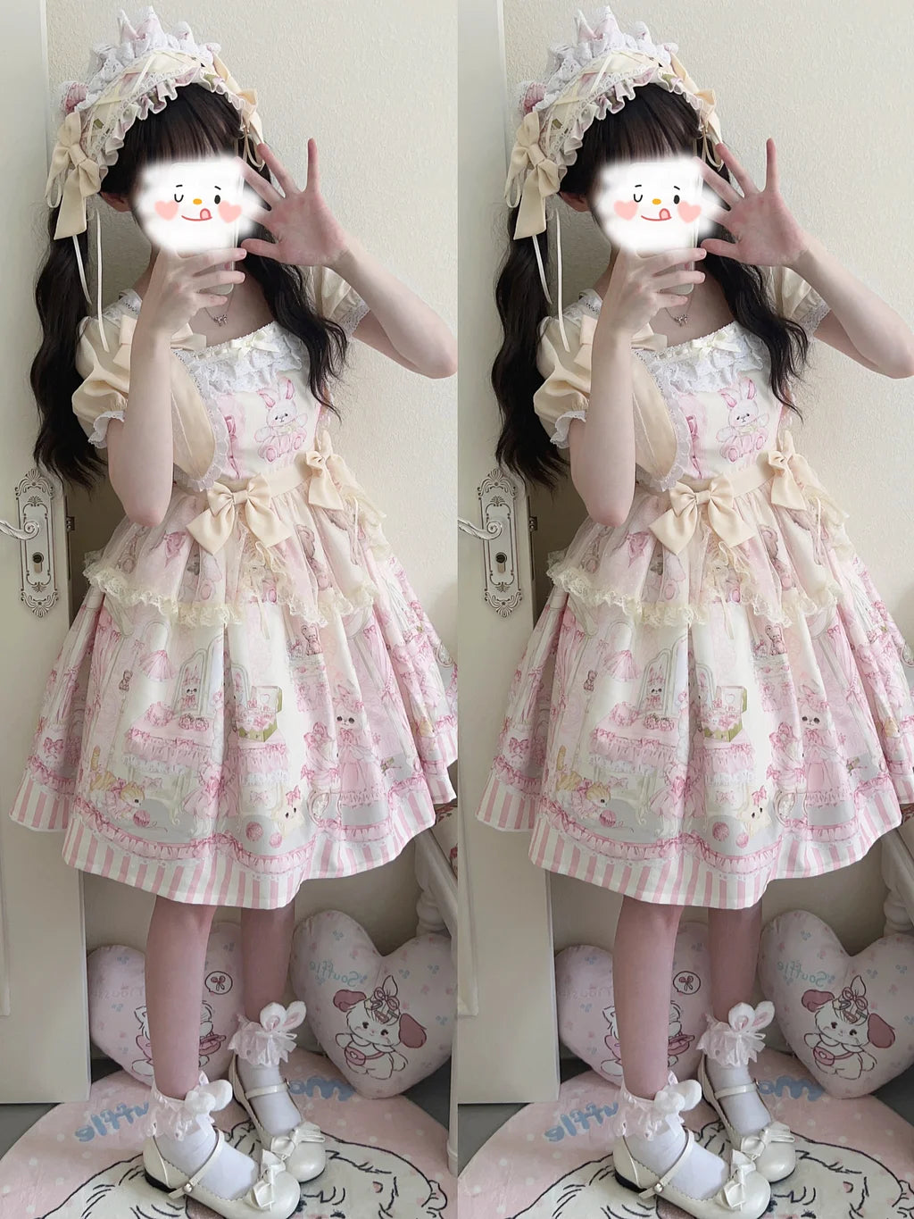 Sweet Lolita Cake Dress Pink Cream Bunny Print Ruffle Detailed Lolita Dress